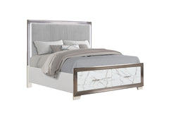 Desire King Bed – Upholstered LED Headboard with Marble-Patterned Footboard Storage and Metallic Trim for a Chic Modern Bedroom Statement (CA INVENTORY)