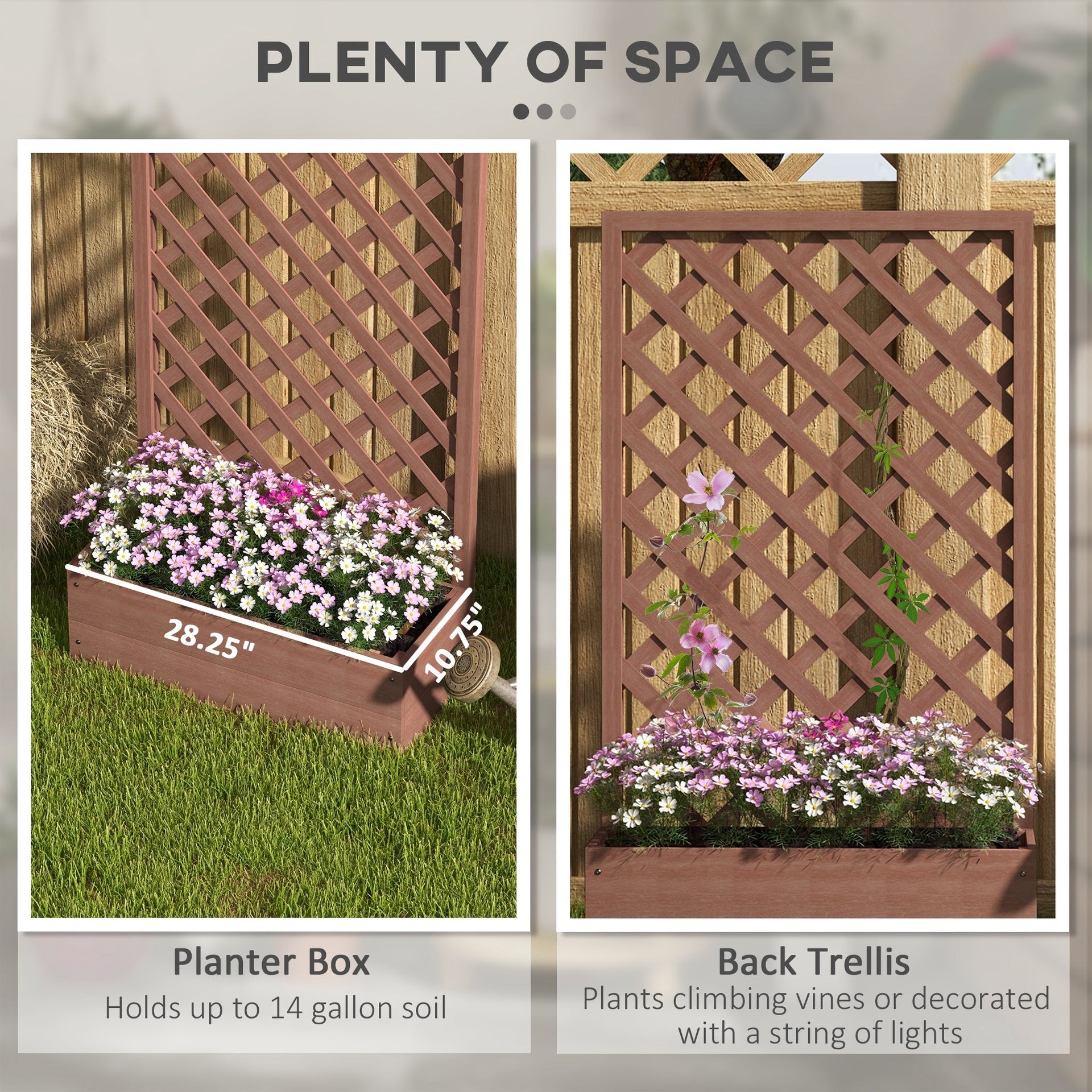 Wooden Garden Bed,Raised Garden Bed Planting Planter Box with Trellis and Drain Holes for Climbing Vine Plants