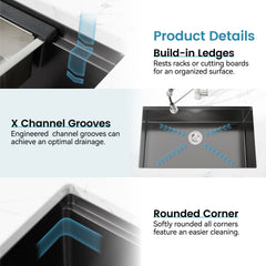Stainless Steel Kitchen Sink, 33″x19″ Single Bowl, Undermount Handmade Sink in Brushed, with Cutting Board, Colander