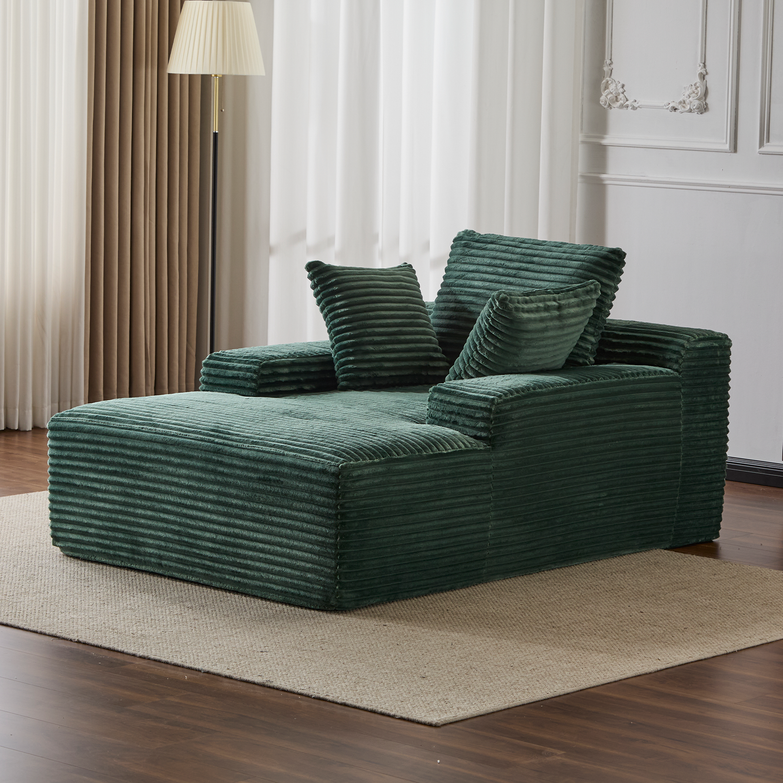 Oversized Chaise Lounge Chair Cozy Cloud Couch, Modern Plush Corduroy Upholstered Sleeper Sofa Daybed with 3 Throw Pillows and Wide Armrest for Living Room, No Assembly Required,Green