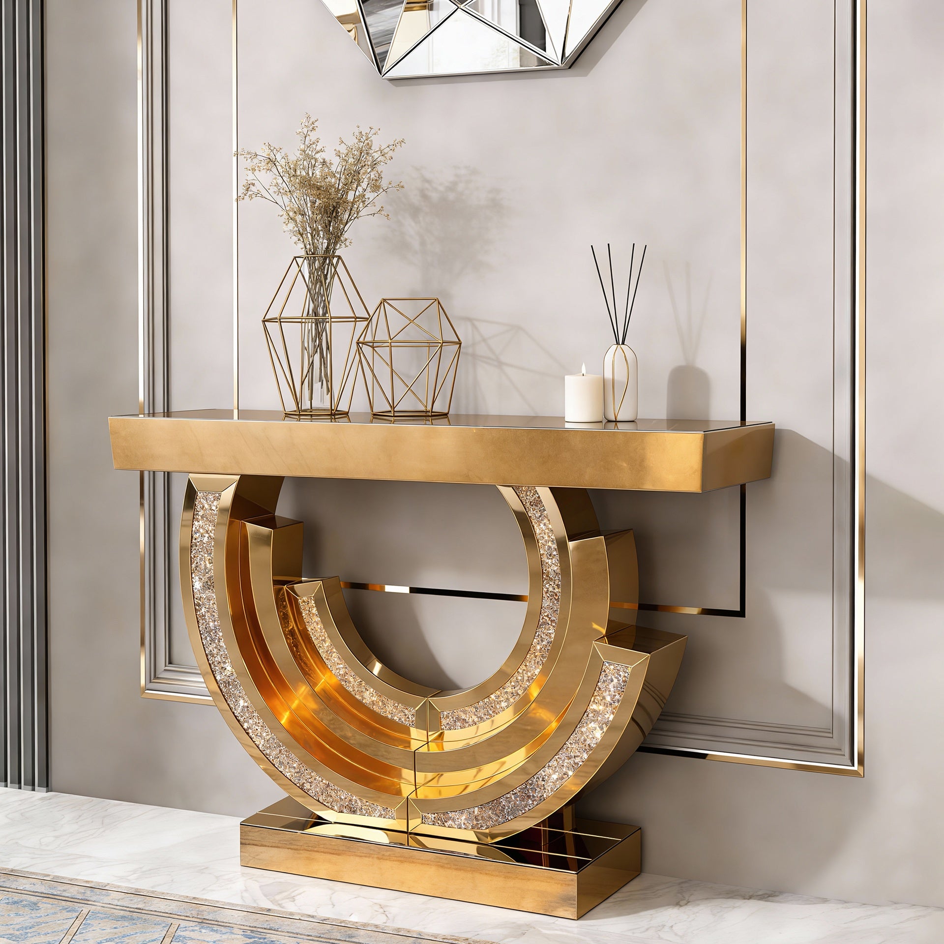 New Design Crushed Diamond Mirrored Console Table  Entryway Table with Diamond Inlay Long Accent Table Glass Sofa Table for Home Decor(Brown)