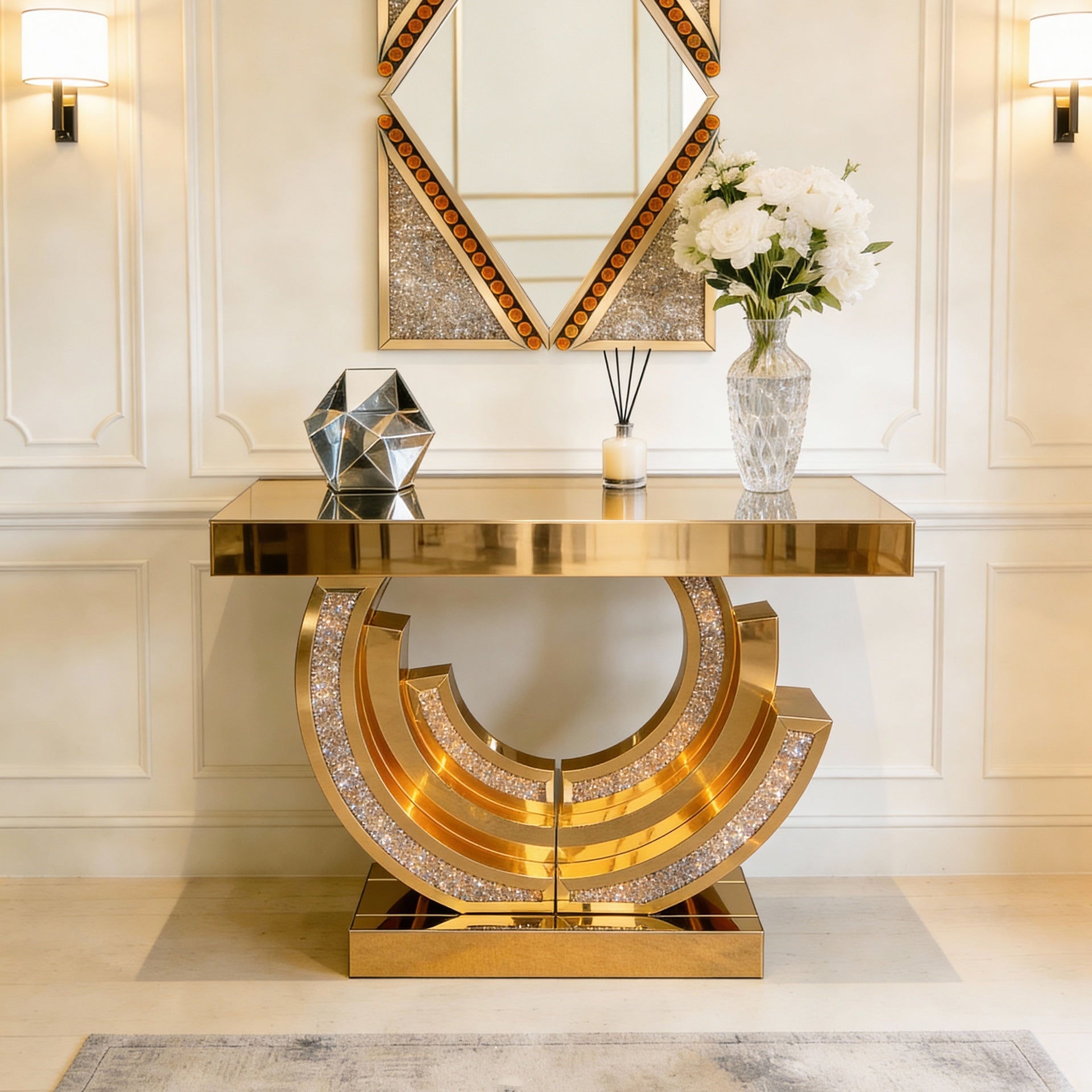 New Design Crushed Diamond Mirrored Console Table  Entryway Table with Diamond Inlay Long Accent Table Glass Sofa Table for Home Decor(Brown)