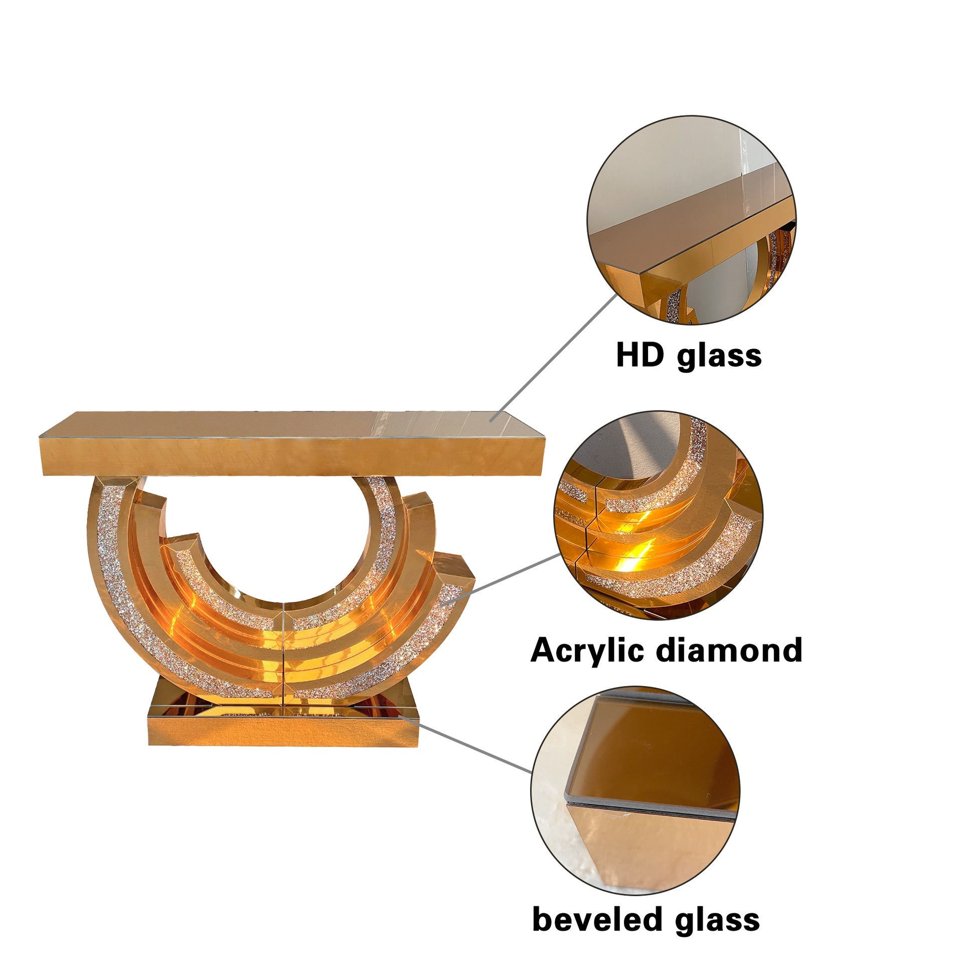 New Design Crushed Diamond Mirrored Console Table  Entryway Table with Diamond Inlay Long Accent Table Glass Sofa Table for Home Decor(Brown)