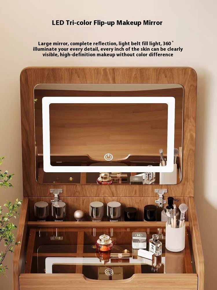 (48cm)(Walnut) 3 in 1 Vanity Desk with Plip Top Mirror,Small Make Up Vanity Set with Visible Glass Desktop, Compact Makeup Vanity with 3 Drawers, Dressing Table