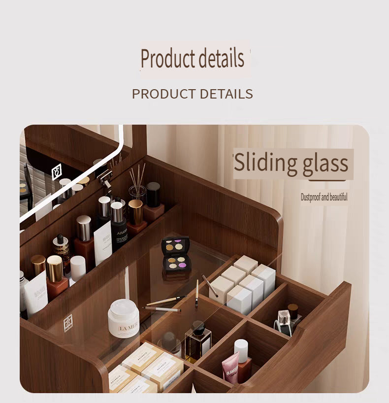 (48cm)(Walnut) 3 in 1 Vanity Desk with Plip Top Mirror,Small Make Up Vanity Set with Visible Glass Desktop, Compact Makeup Vanity with 3 Drawers, Dressing Table