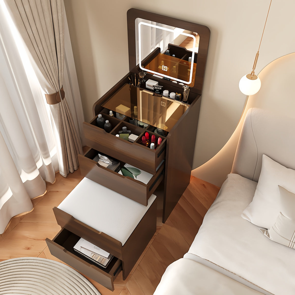 (48cm)(Walnut) 3 in 1 Vanity Desk with Plip Top Mirror,Small Make Up Vanity Set with Visible Glass Desktop, Compact Makeup Vanity with 3 Drawers, Dressing Table