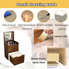 (48cm)(Walnut) 3 in 1 Vanity Desk with Plip Top Mirror,Small Make Up Vanity Set with Visible Glass Desktop, Compact Makeup Vanity with 3 Drawers, Dressing Table