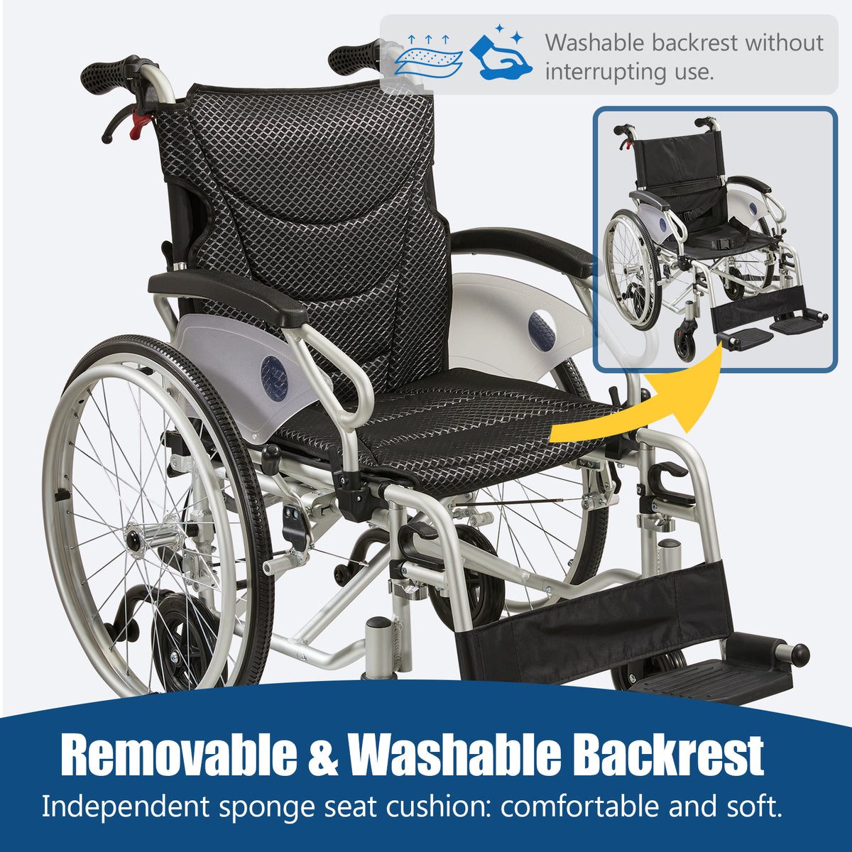 Aluminum alloy multi-function wheelchair. Unique 6 tire design. Quickly switch between self-use and companion mode. Color Foggy Silver