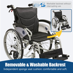 Aluminum alloy multi-function wheelchair. Unique 6 tire design. Quickly switch between self-use and companion mode. Color Foggy Silver