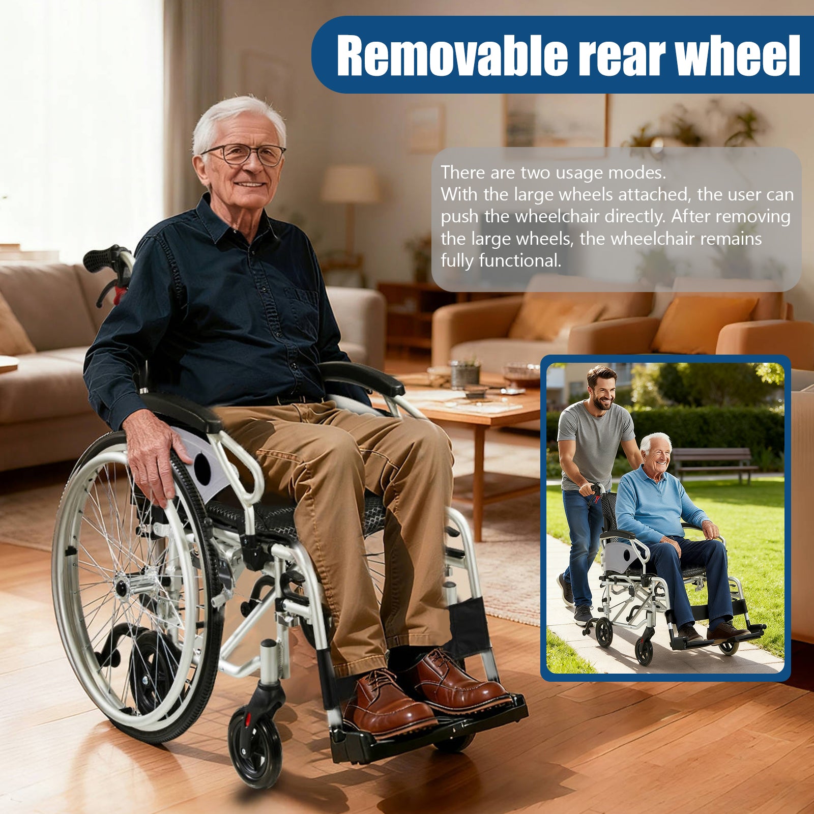 Aluminum alloy multi-function wheelchair. Unique 6 tire design. Quickly switch between self-use and companion mode. Color Foggy Silver