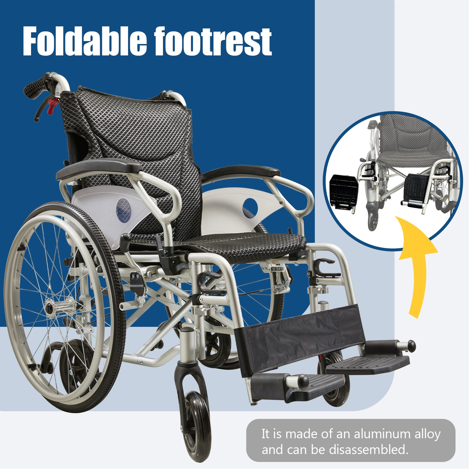 Aluminum alloy multi-function wheelchair. Unique 6 tire design. Quickly switch between self-use and companion mode. Color Foggy Silver