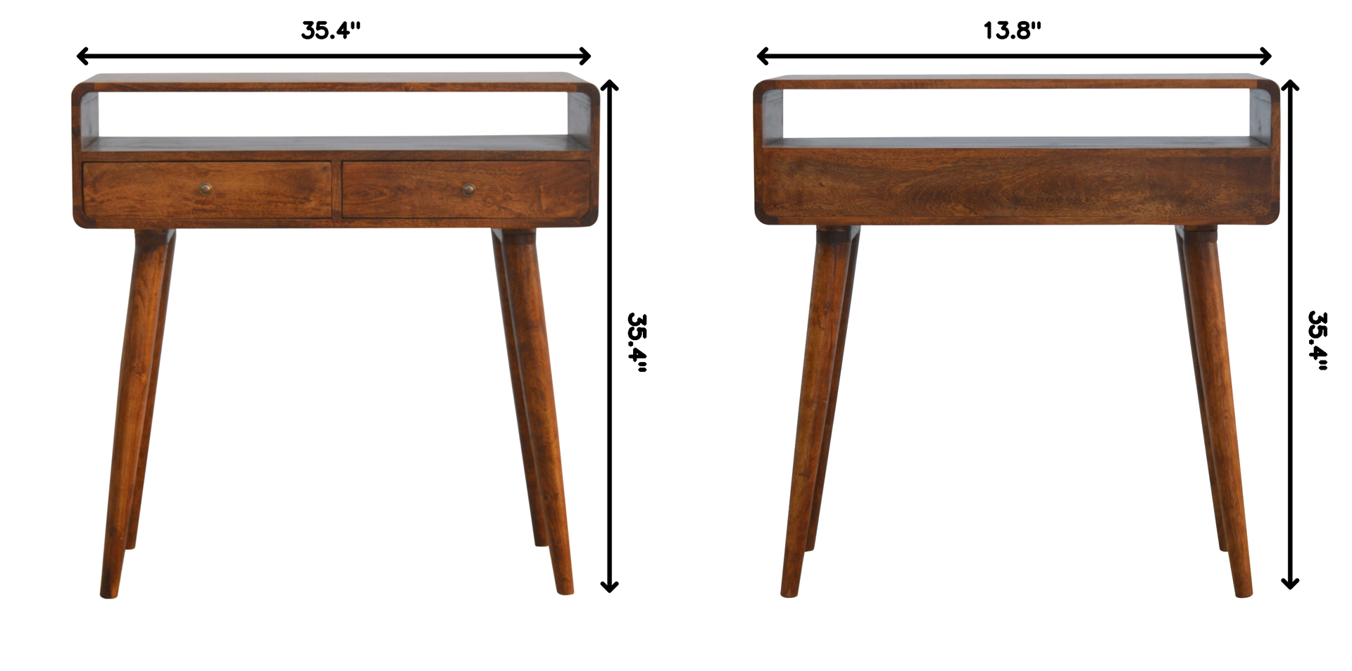 Curved Chestnut Console Table, 2-Drawers, 1 Open-Storage, Brown
