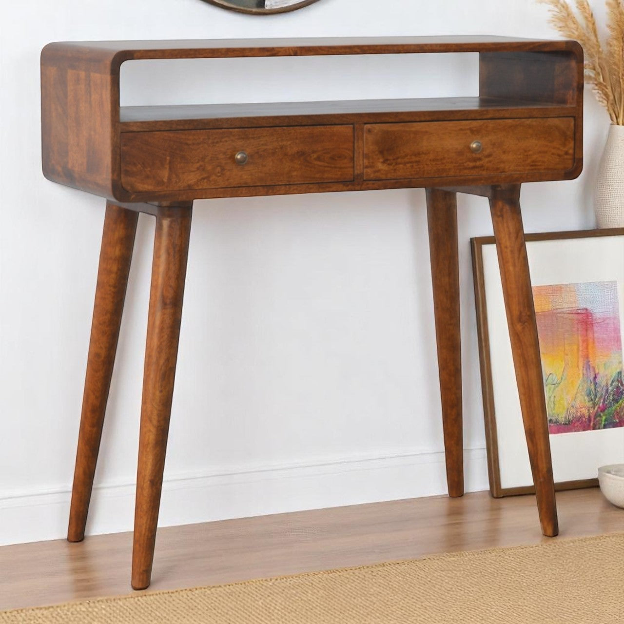 Curved Chestnut Console Table, 2-Drawers, 1 Open-Storage, Brown