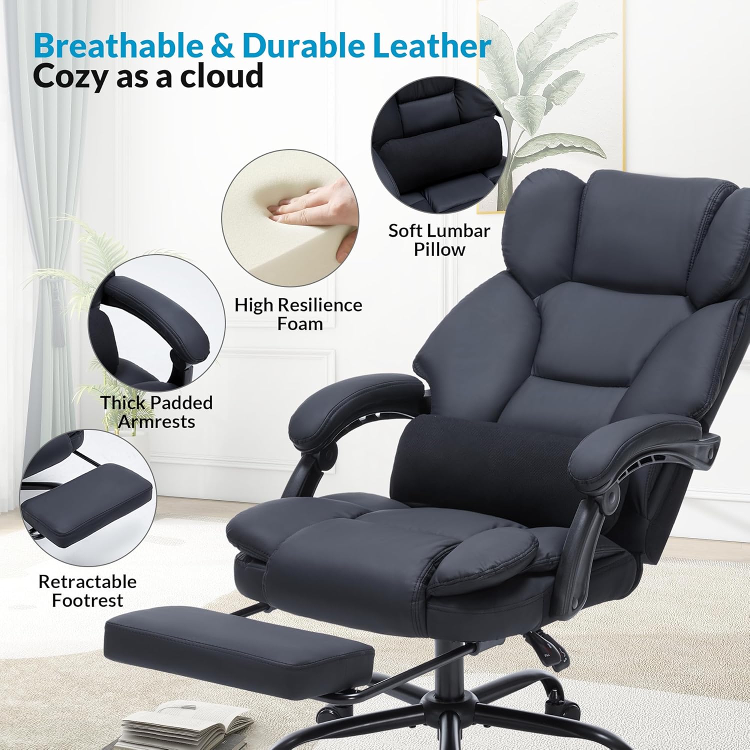 Office Chair with Foot Rest, Executive Office Chair with Arms, Reclining Computer Chair with Wheels and Lumbar Support, PU Leather Comfy Swivel Chair for Home Office