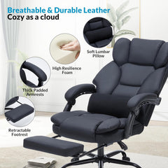 Office Chair with Foot Rest, Executive Office Chair with Arms, Reclining Computer Chair with Wheels and Lumbar Support, PU Leather Comfy Swivel Chair for Home Office