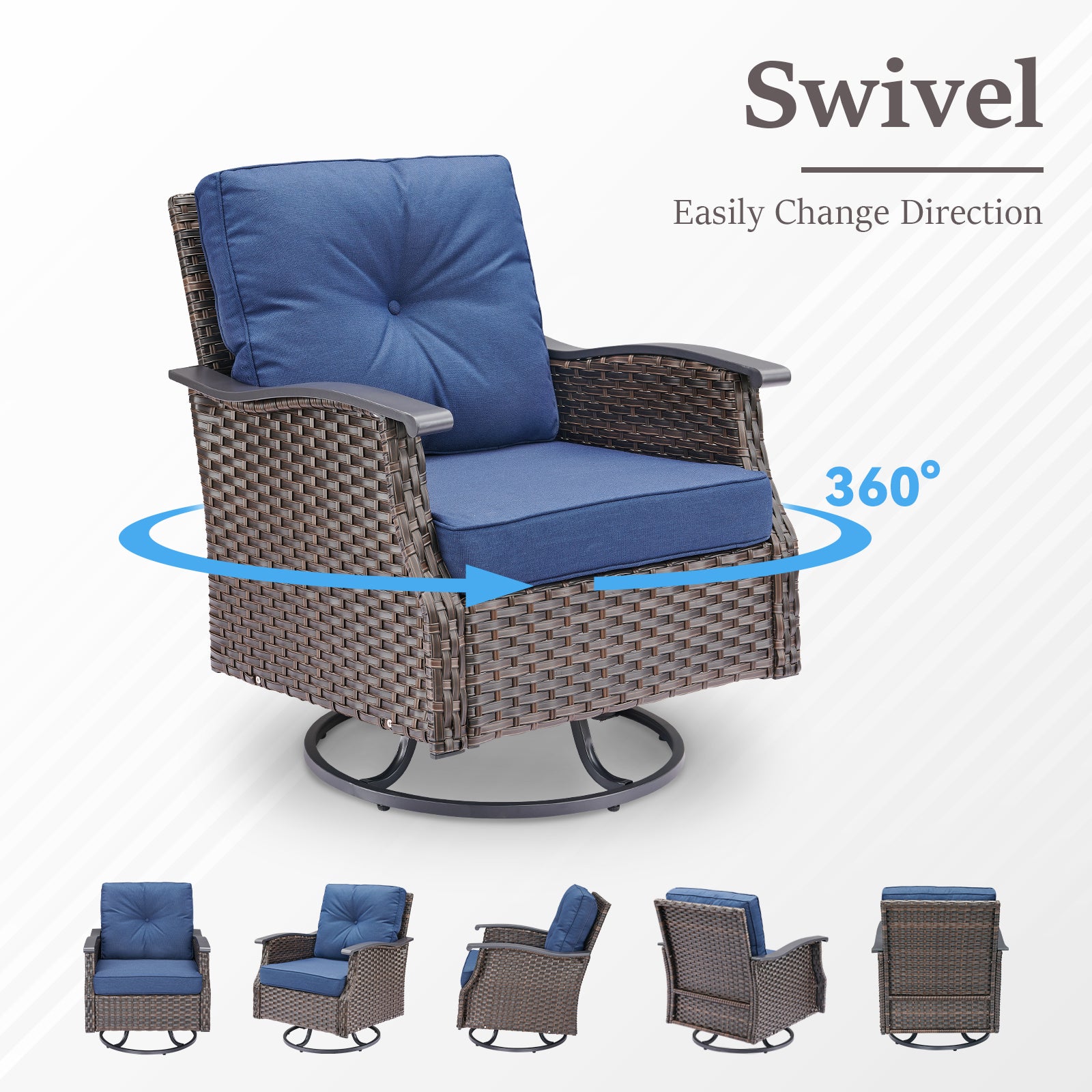 Outdoor Swivel Rocking Glider Chairs Set of 2, Outside All-Weather Gray Wicker Patio Rocker Chairs with Blue Cushions for Porch or Backyard