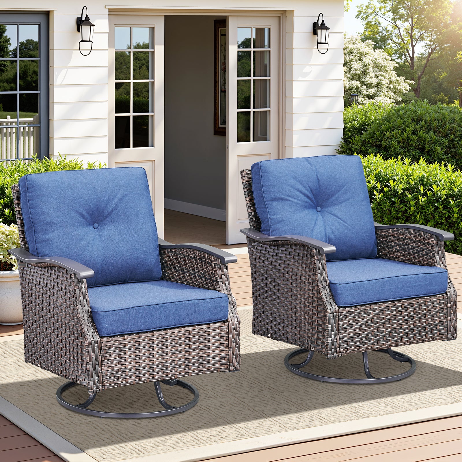 Outdoor Swivel Rocking Glider Chairs Set of 2, Outside All-Weather Gray Wicker Patio Rocker Chairs with Blue Cushions for Porch or Backyard