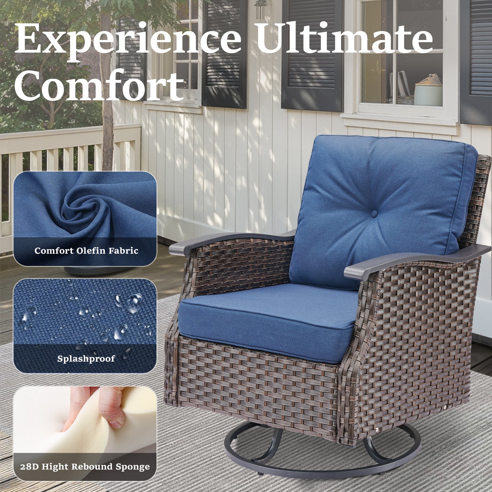 Outdoor Swivel Rocking Glider Chairs Set of 2, Outside All-Weather Gray Wicker Patio Rocker Chairs with Blue Cushions for Porch or Backyard