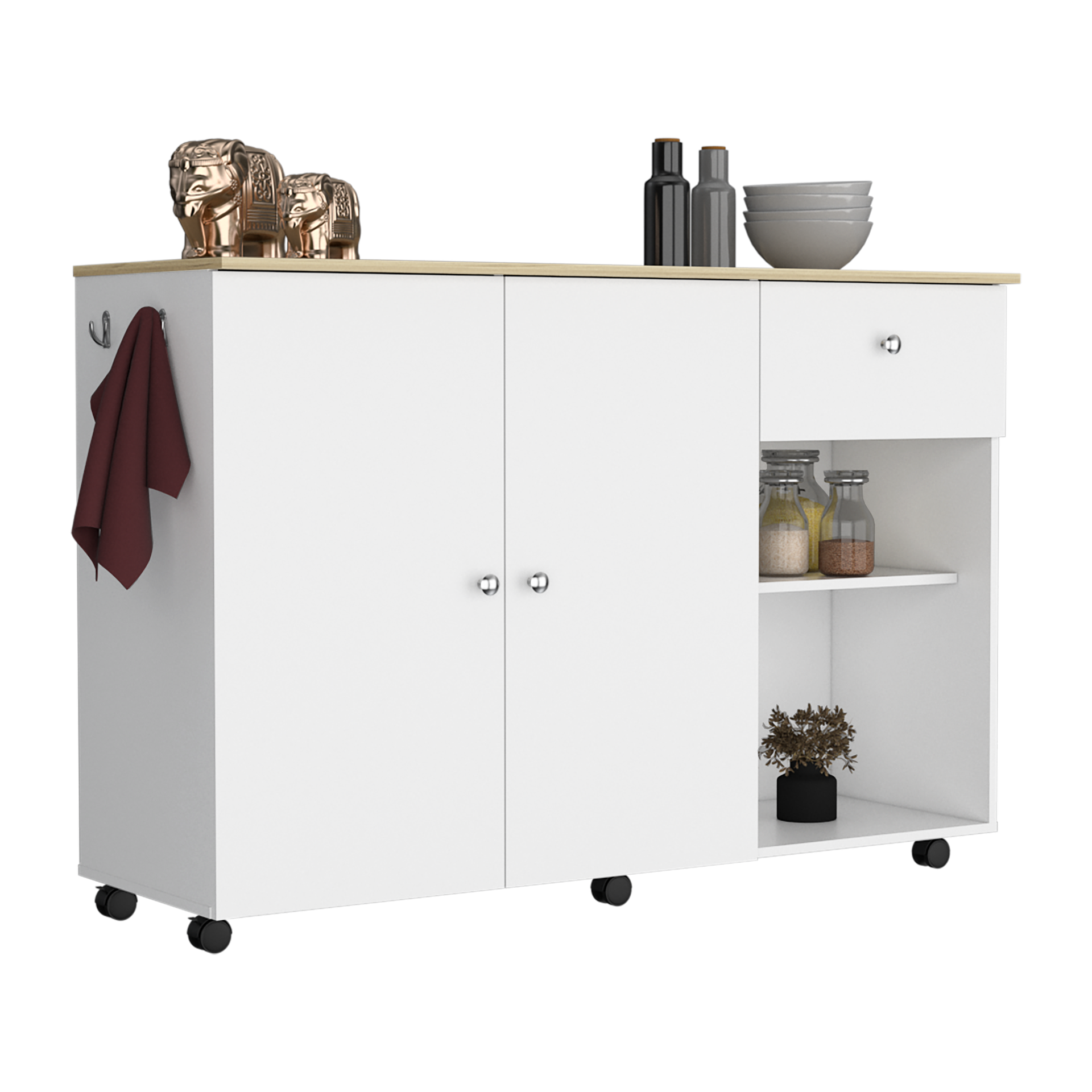 Kitchen Island Cart, Six Carter, One Drawer, Double Door Cabinet, Two External Shelves, Four Interior Shelves, White / Pine