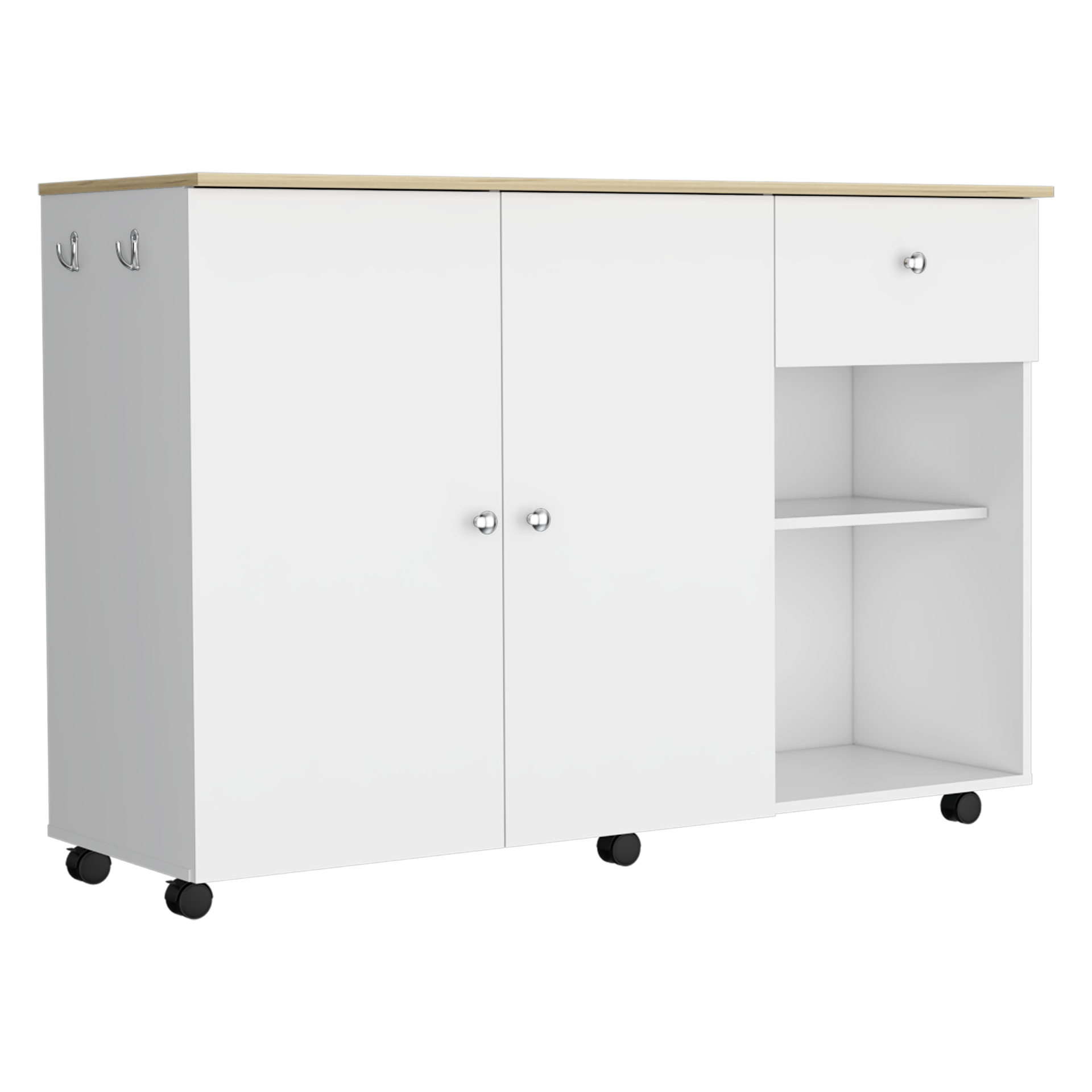 Kitchen Island Cart, Six Carter, One Drawer, Double Door Cabinet, Two External Shelves, Four Interior Shelves, White / Pine