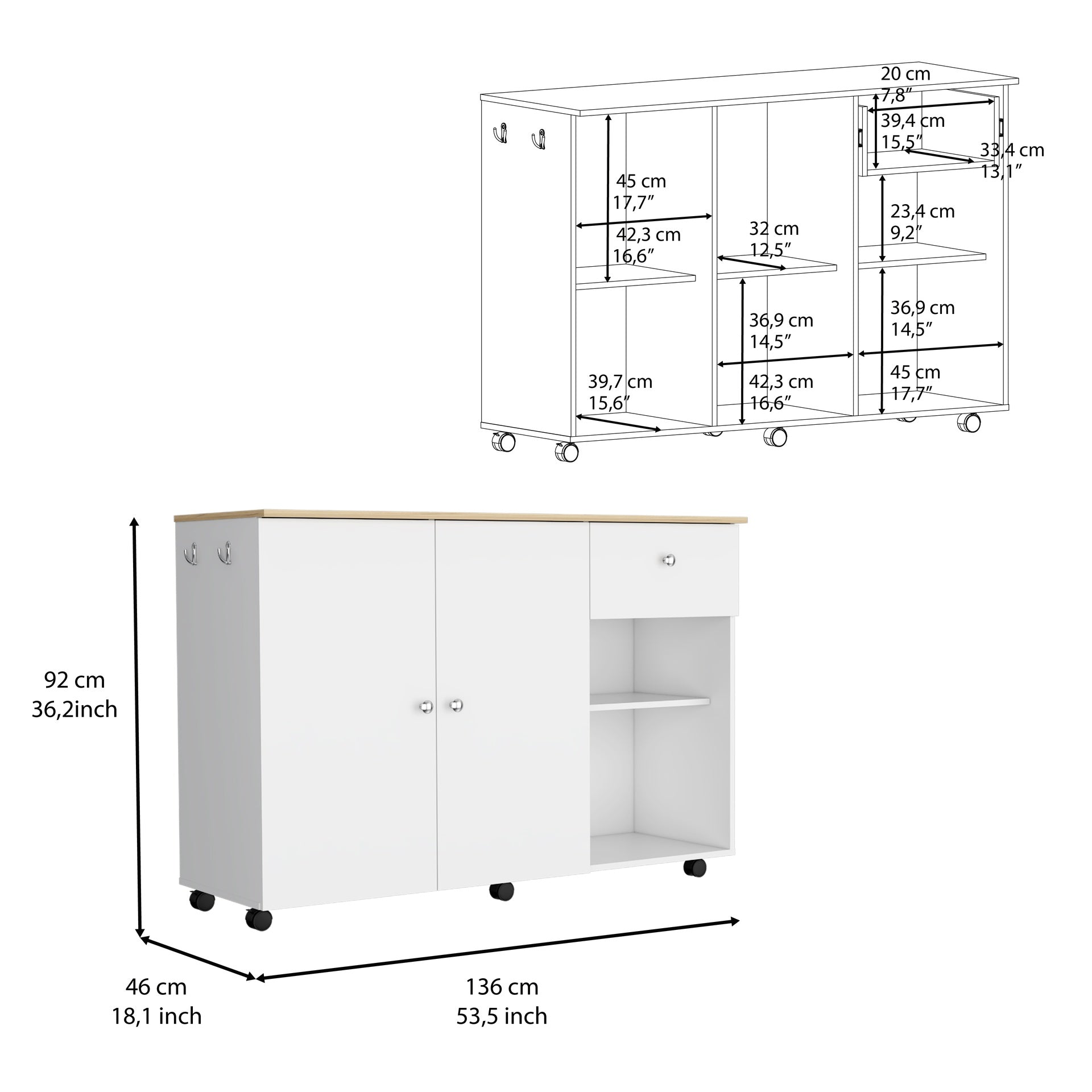 Kitchen Island Cart, Six Carter, One Drawer, Double Door Cabinet, Two External Shelves, Four Interior Shelves, White / Pine