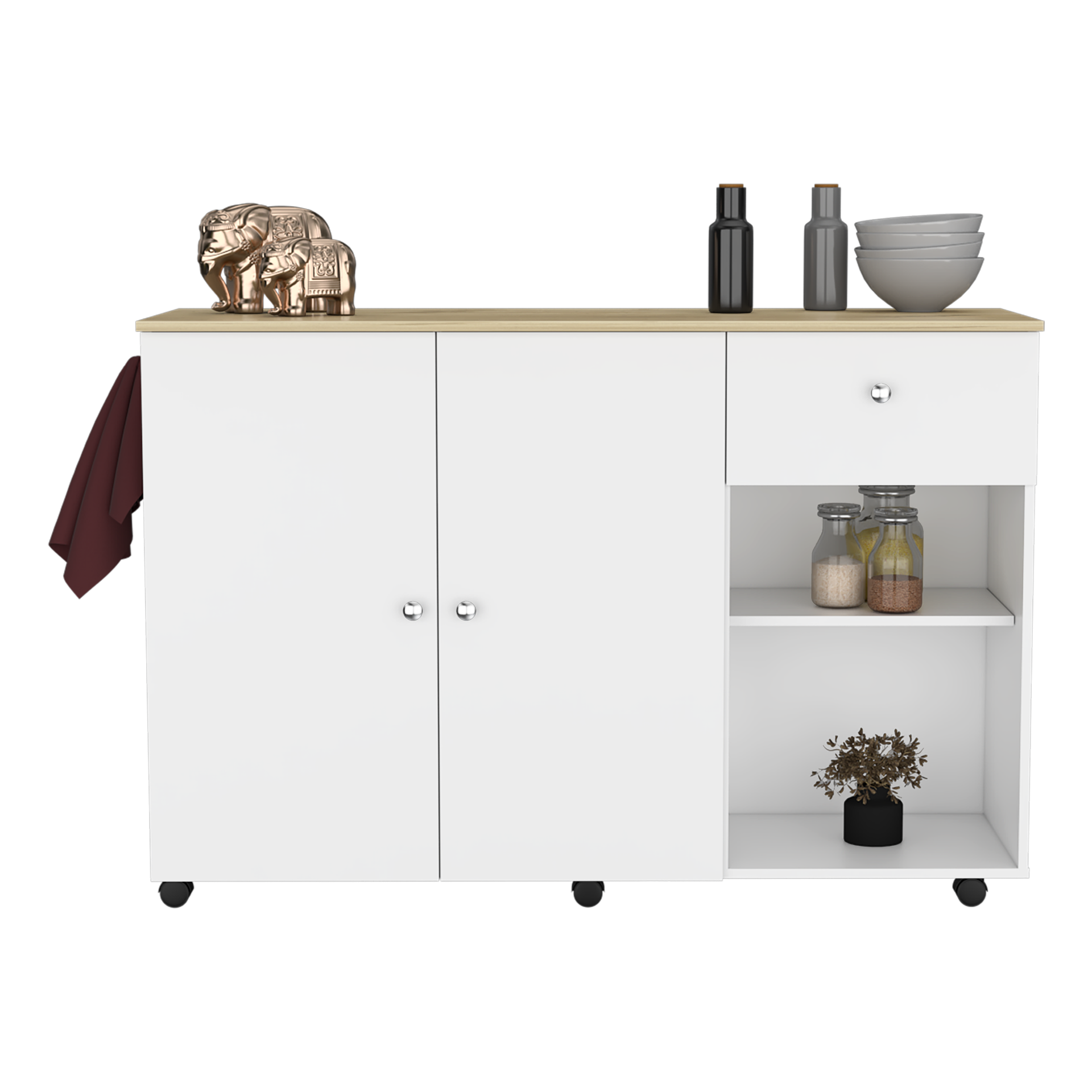 Kitchen Island Cart, Six Carter, One Drawer, Double Door Cabinet, Two External Shelves, Four Interior Shelves, White / Pine