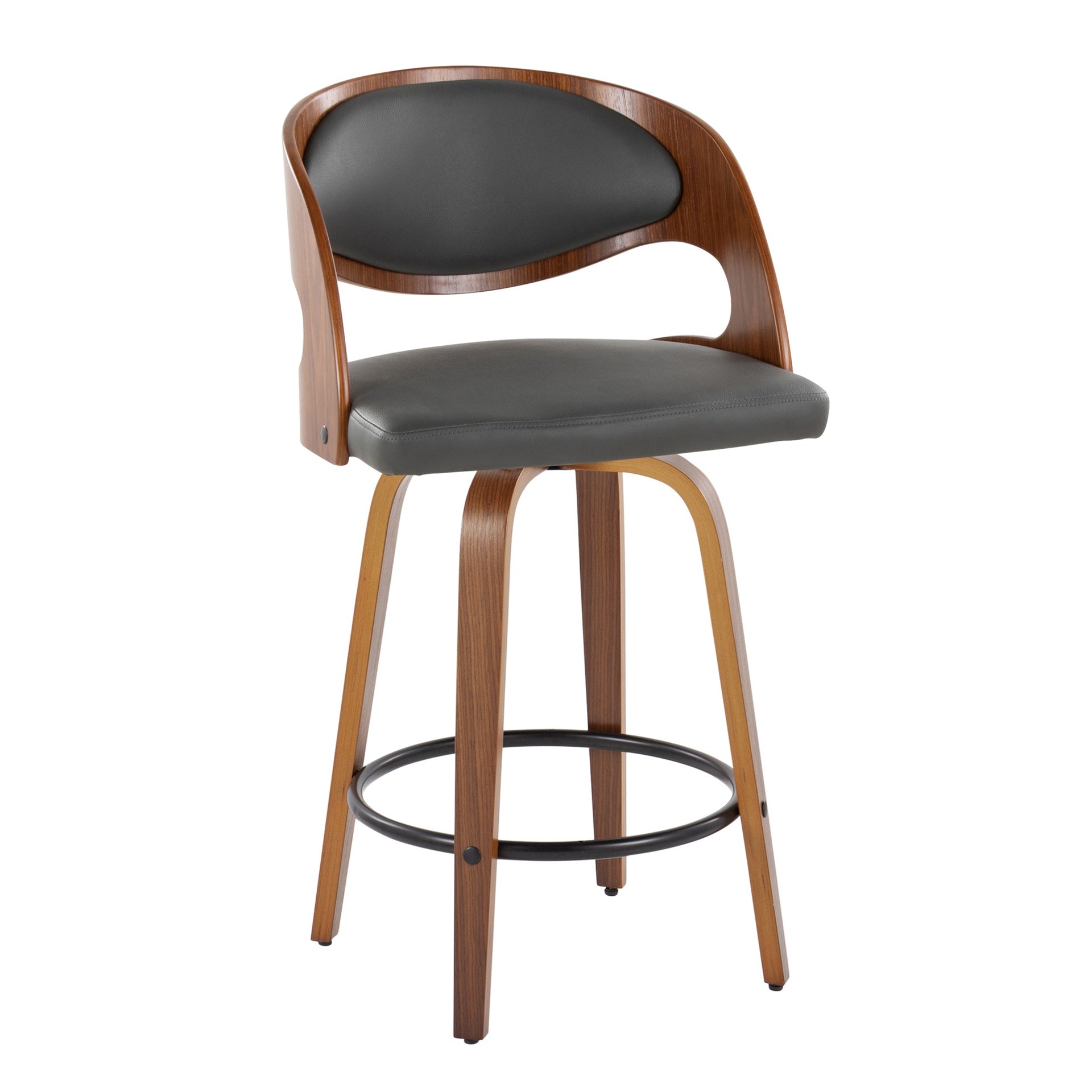Pino 26" Mid-Century Modern Fixed-Height Barstool with Swivel in Walnut Wood and Grey Faux Leather with Round Black Metal Footrest by LumiSource - Set of 2