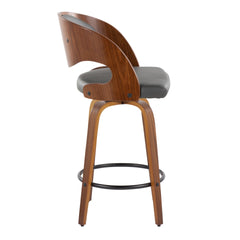 Pino 26" Mid-Century Modern Fixed-Height Barstool with Swivel in Walnut Wood and Grey Faux Leather with Round Black Metal Footrest by LumiSource - Set of 2
