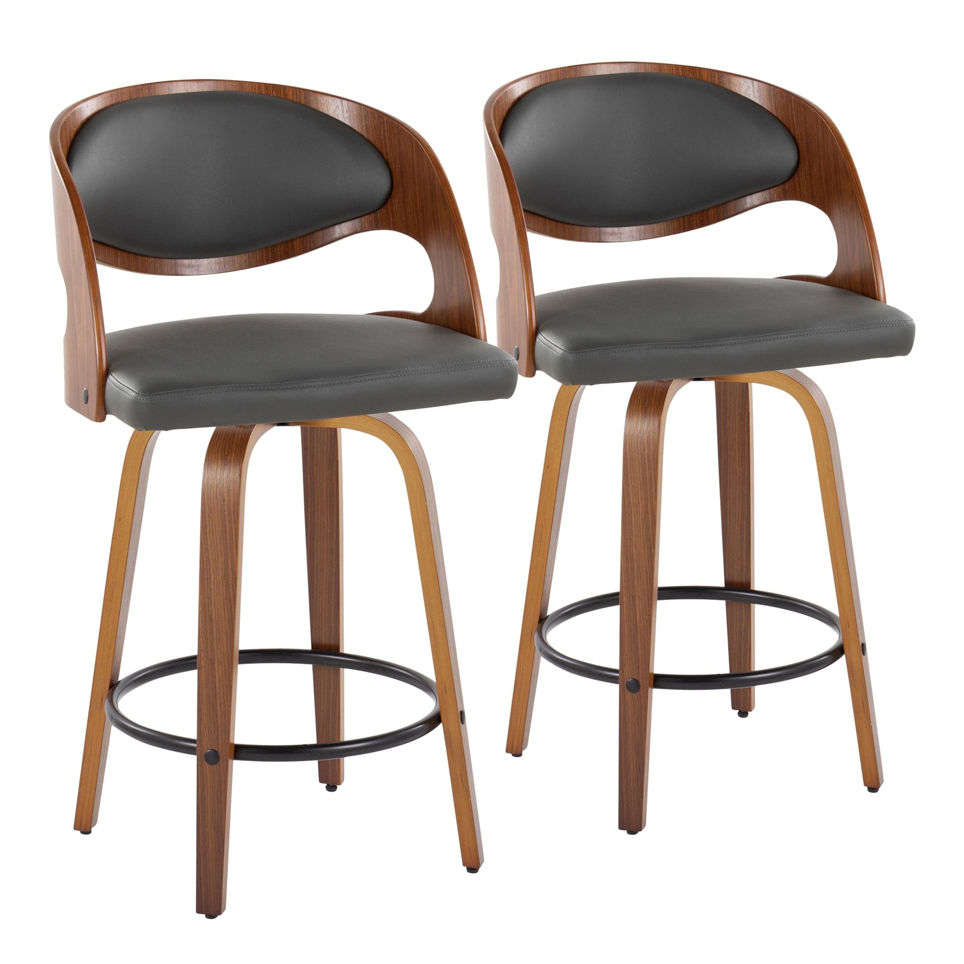 Pino 26" Mid-Century Modern Fixed-Height Barstool with Swivel in Walnut Wood and Grey Faux Leather with Round Black Metal Footrest by LumiSource - Set of 2