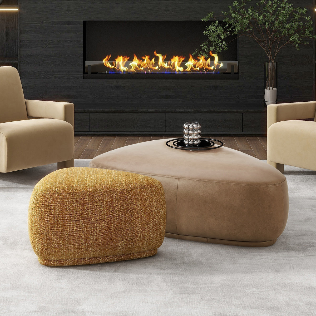 Pebble 26" Rounded Triangle Cocktail Ottoman, Mustard Yellow Tweed