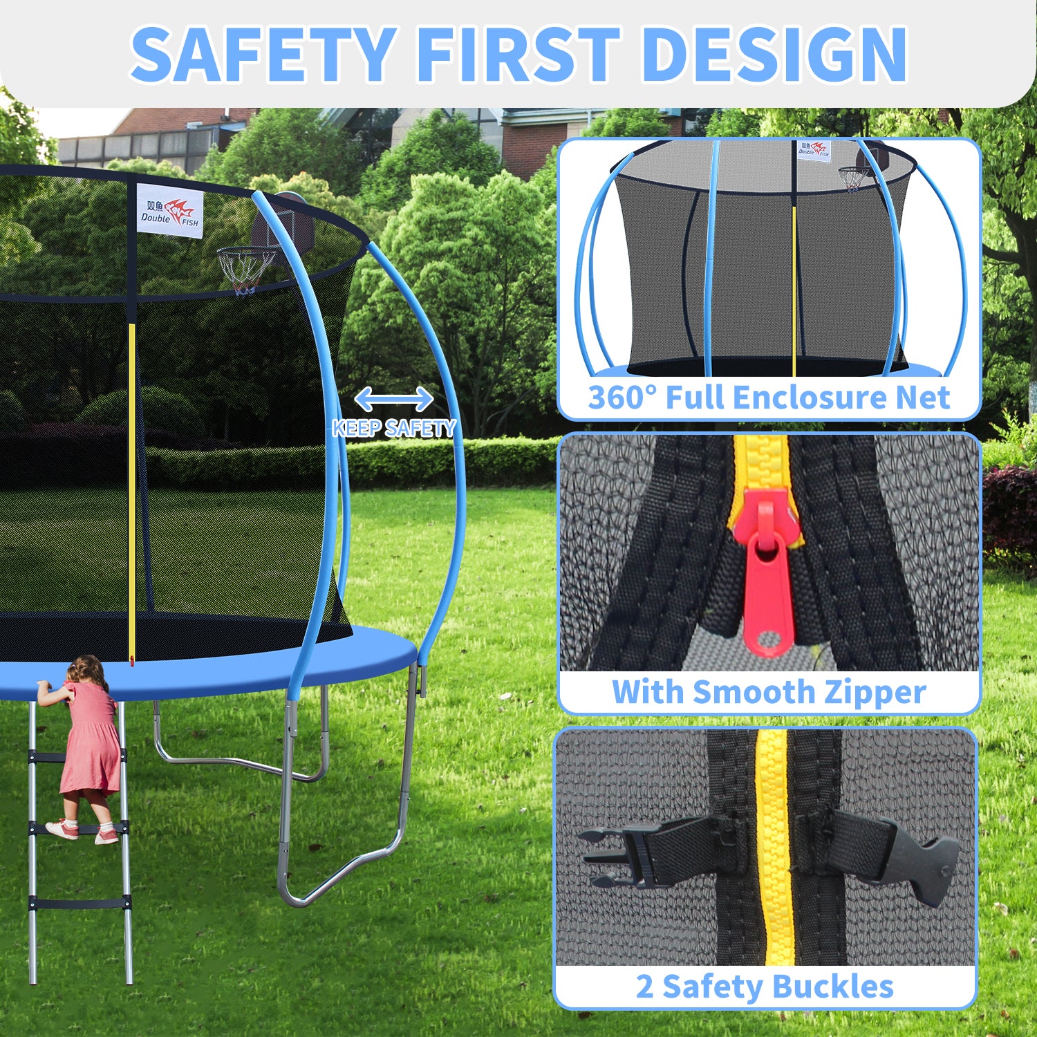 DOUBLE FISH [Foldable Trampoline] 400 Lbs 10ft Foldable Mini Trampoline Fitness Rebounder with Handrail  for Adults