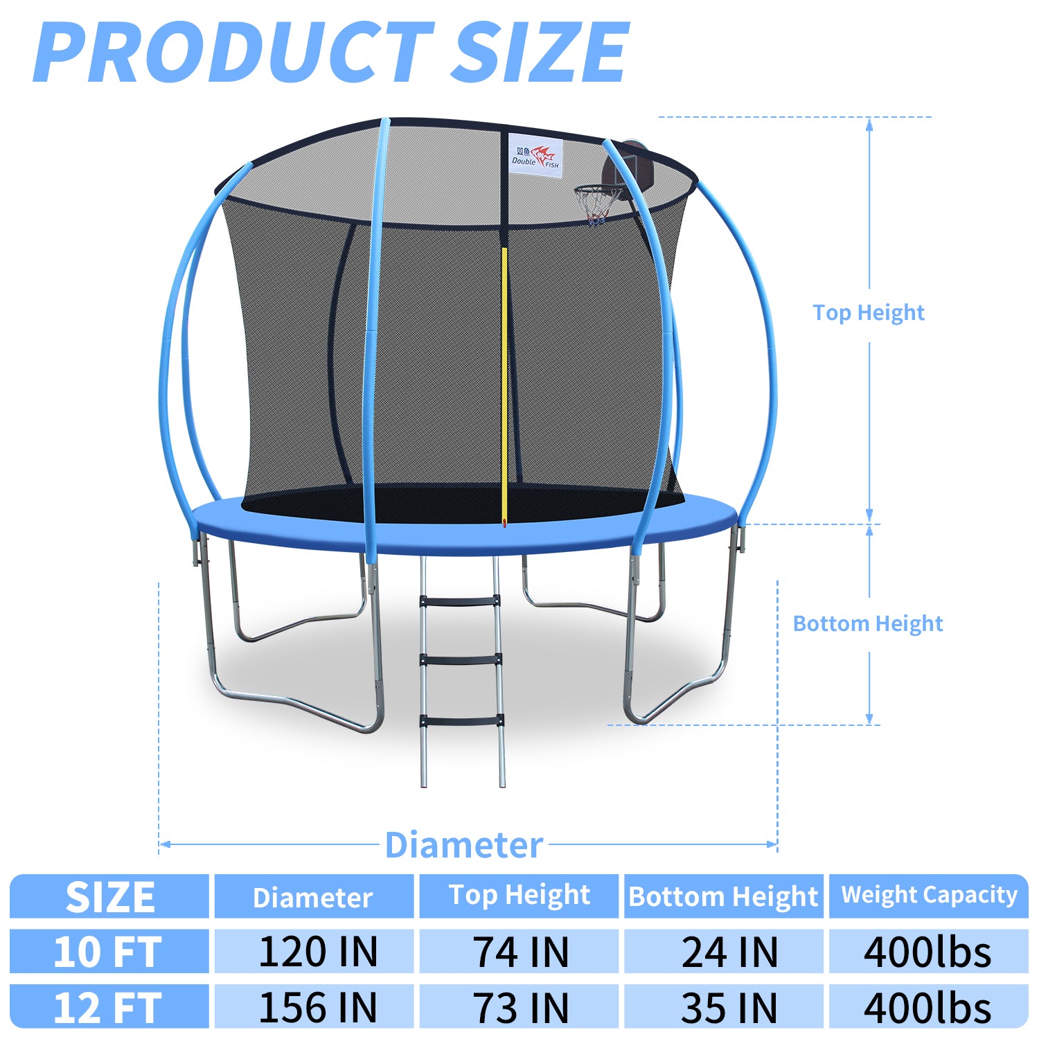 DOUBLE FISH [Foldable Trampoline] 400 Lbs 10ft Foldable Mini Trampoline Fitness Rebounder with Handrail  for Adults