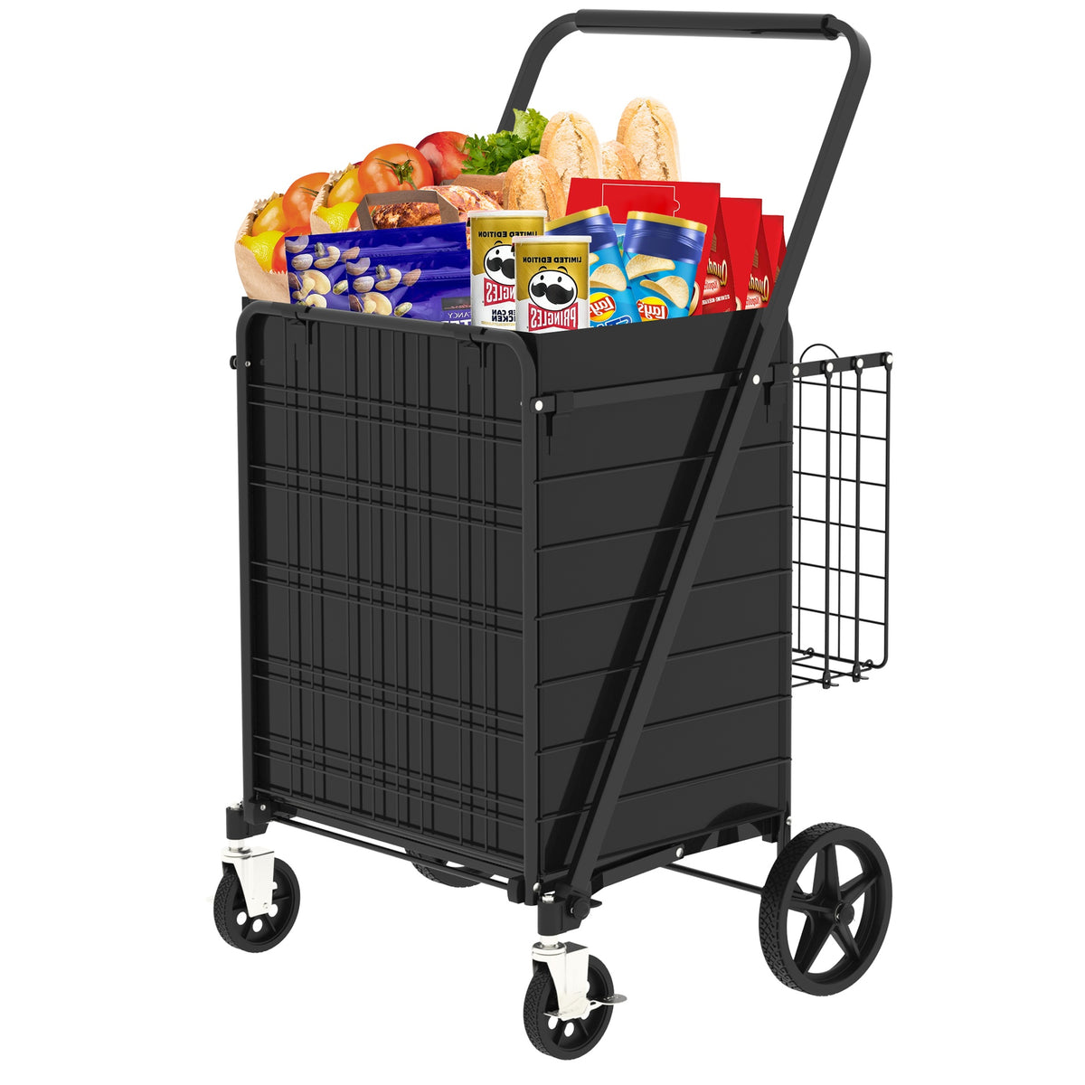 Large Shopping Cart with Brake,Grocery Cart on Wheels, Foldable Utility Shopping Carts with Double Basket and 360° Rolling Swivel Wheels for Groceries Laundry