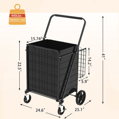 Large Shopping Cart with Brake,Grocery Cart on Wheels, Foldable Utility Shopping Carts with Double Basket and 360° Rolling Swivel Wheels for Groceries Laundry