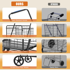 Large Shopping Cart with Brake,Grocery Cart on Wheels, Foldable Utility Shopping Carts with Double Basket and 360° Rolling Swivel Wheels for Groceries Laundry