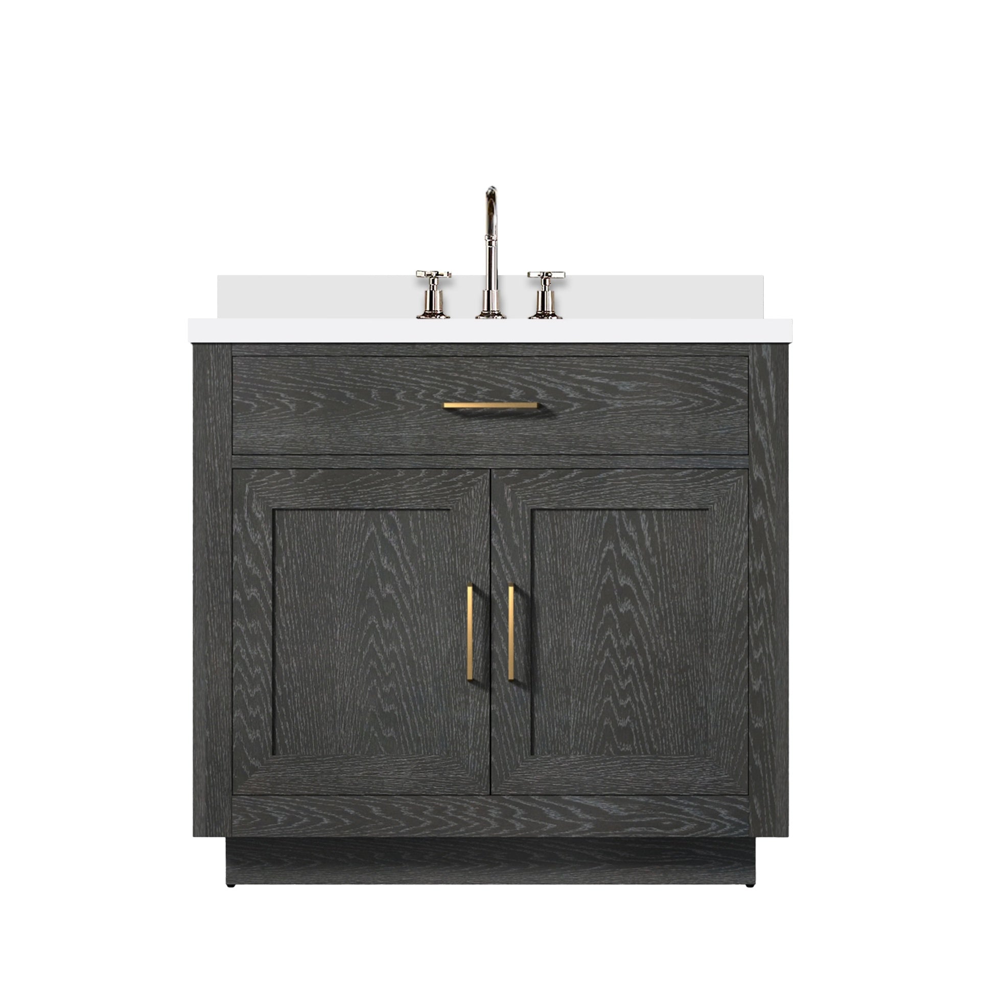 Black Oak Single Bath Vanity 36 in. W x 22 in. D, White Quartz Top, and Faucet Set