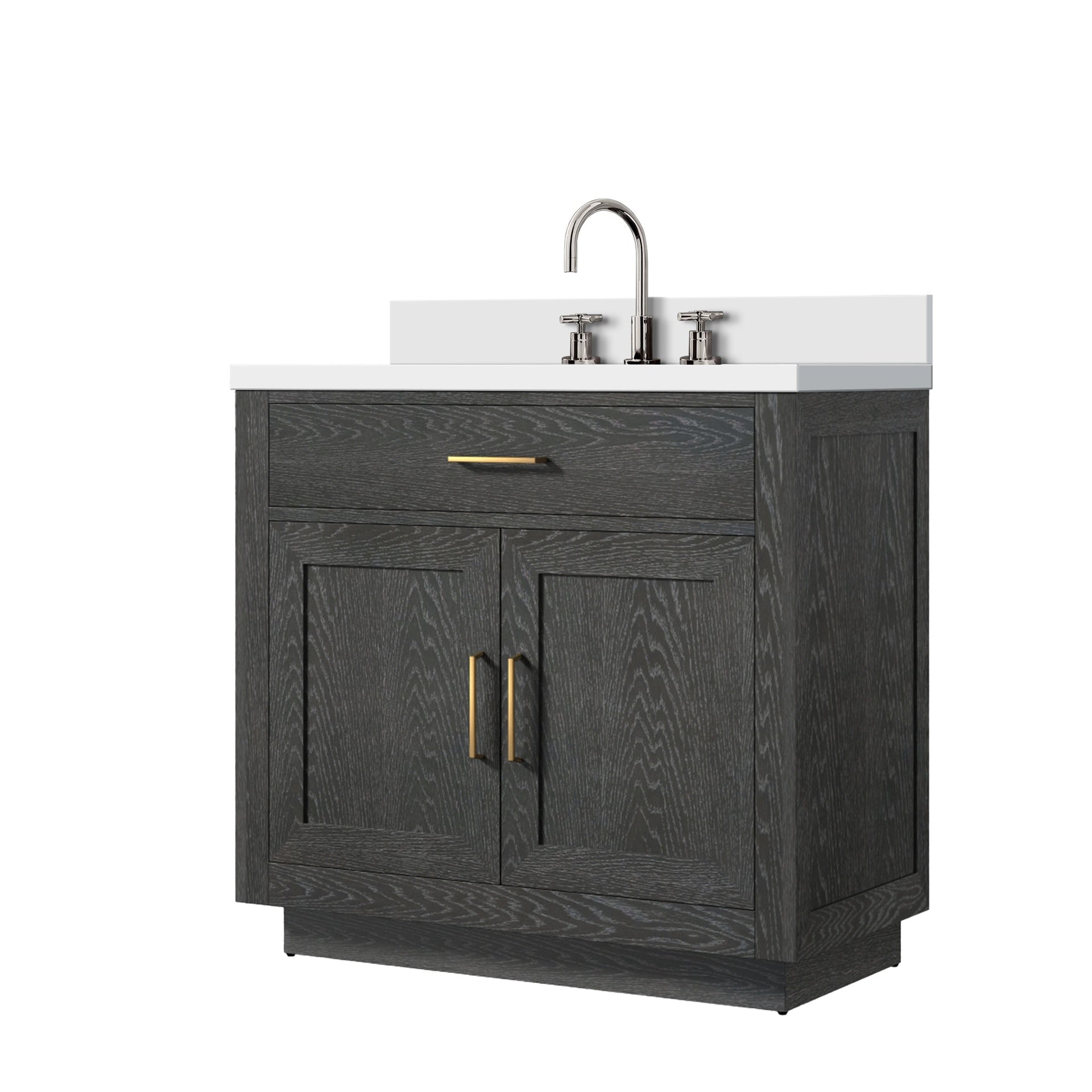 Black Oak Single Bath Vanity 36 in. W x 22 in. D, White Quartz Top, and Faucet Set