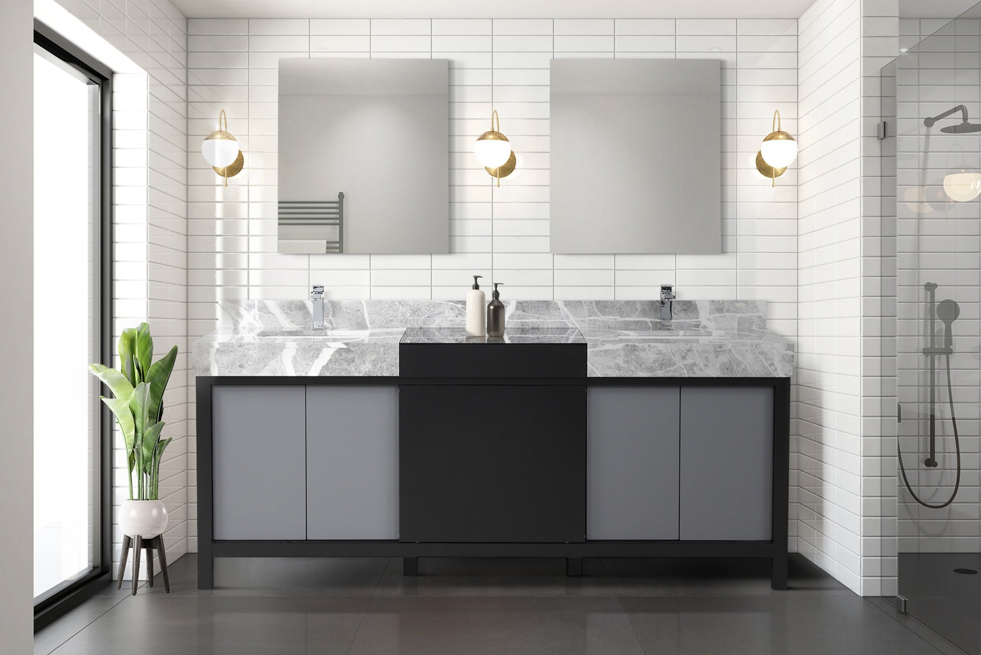 Black and Grey Double Bath Vanity 80 in. W x 22 in. D, Castle Grey Marble Top and Chrome Faucet Set