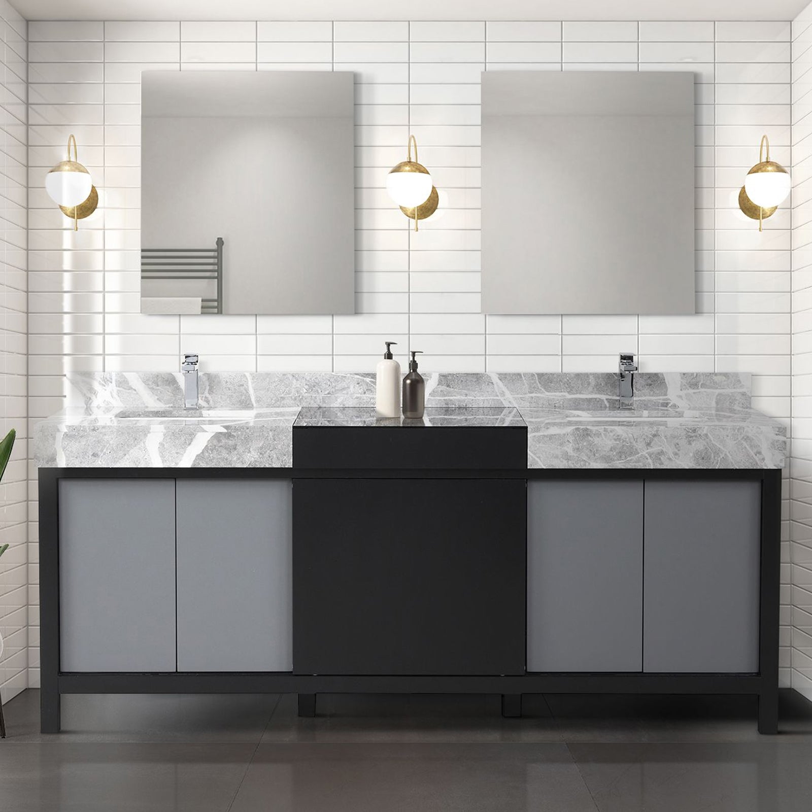 Black and Grey Double Bath Vanity 80 in. W x 22 in. D, Castle Grey Marble Top and Chrome Faucet Set