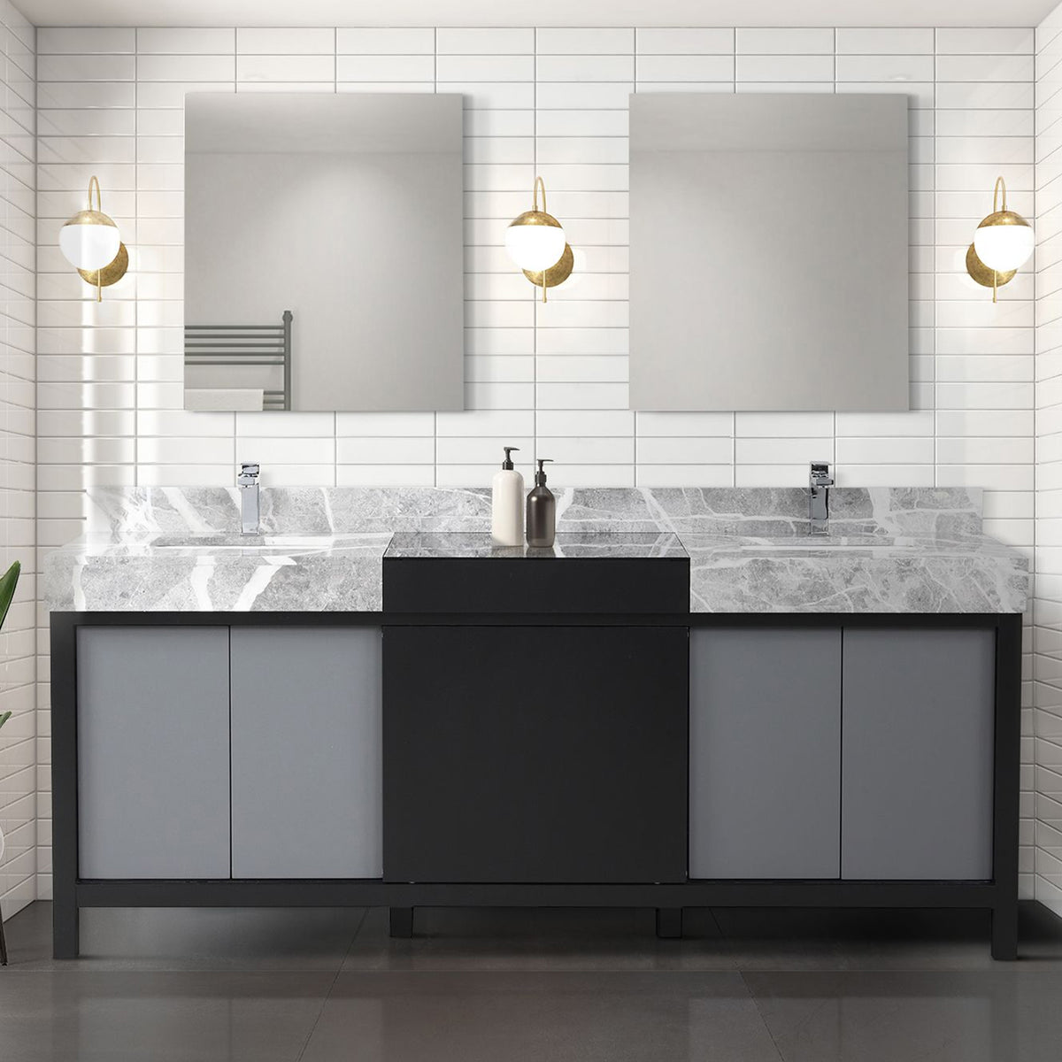 Black and Grey Double Bath Vanity 80 in. W x 22 in. D, Castle Grey Marble Top and Chrome Faucet Set