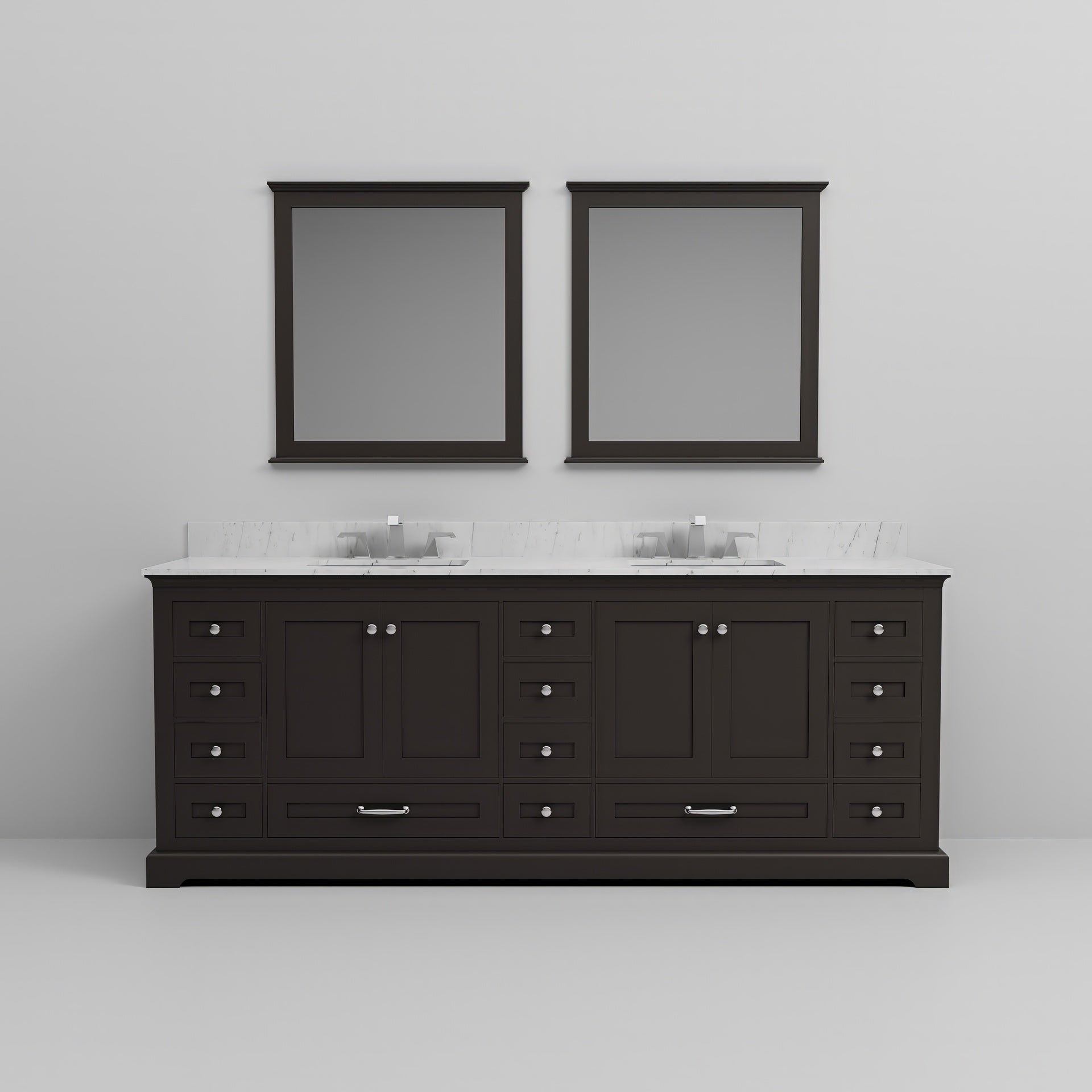 Espresso Double Bath Vanity 84 in. W x 22 in. D, Carrara Marble Top, Faucet Set, and 34 in. Mirrors