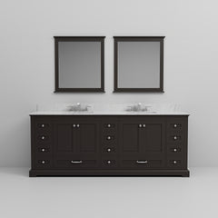 Espresso Double Bath Vanity 84 in. W x 22 in. D, Carrara Marble Top, Faucet Set, and 34 in. Mirrors