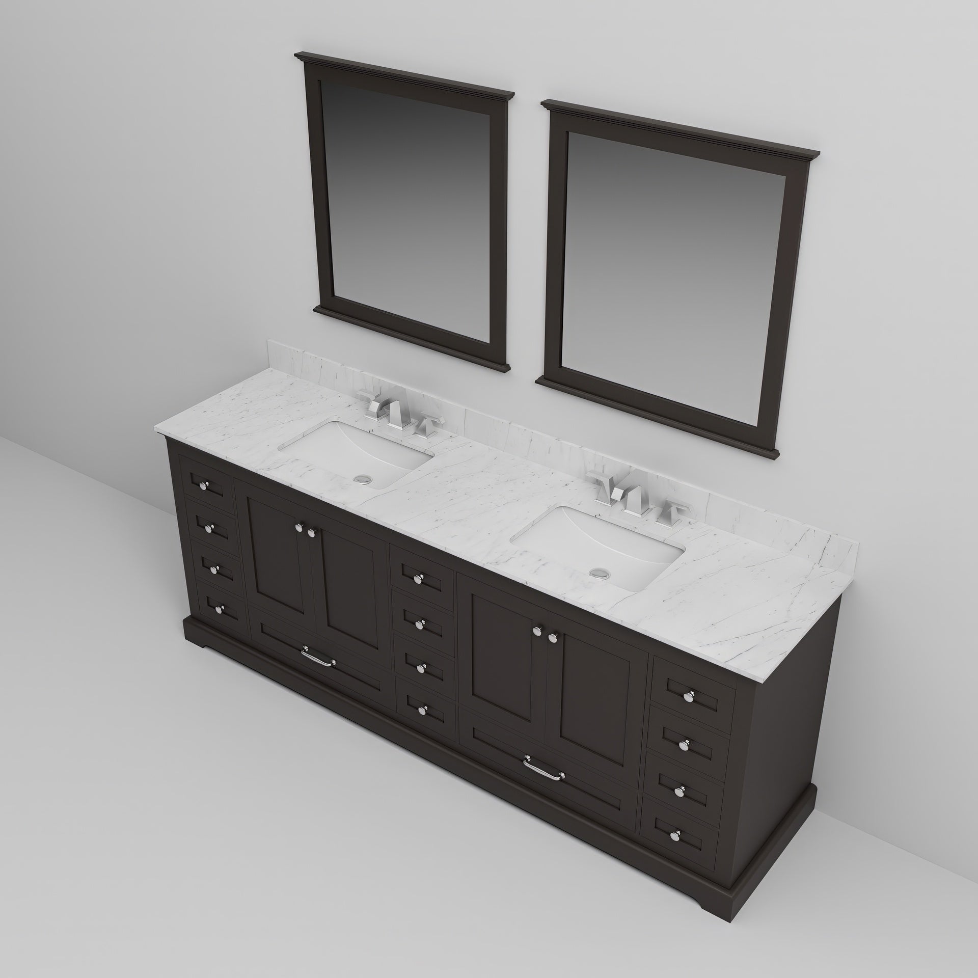 Espresso Double Bath Vanity 84 in. W x 22 in. D, Carrara Marble Top, Faucet Set, and 34 in. Mirrors