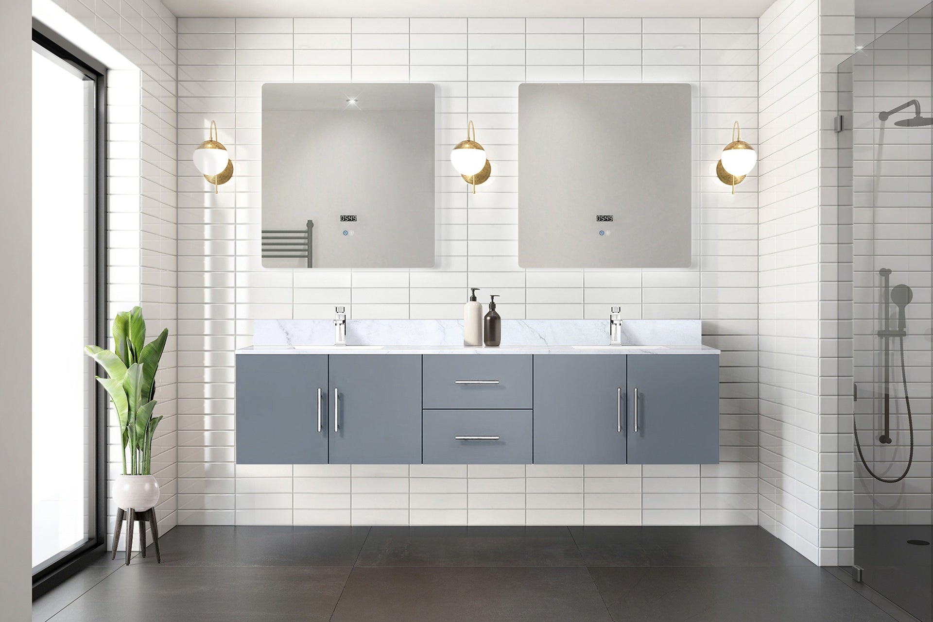 Dark Grey Double Bath Vanity 80 in. W x 22 in. D, Carrara Marble Top, Faucet Set, and 30 in. LED Mirrors
