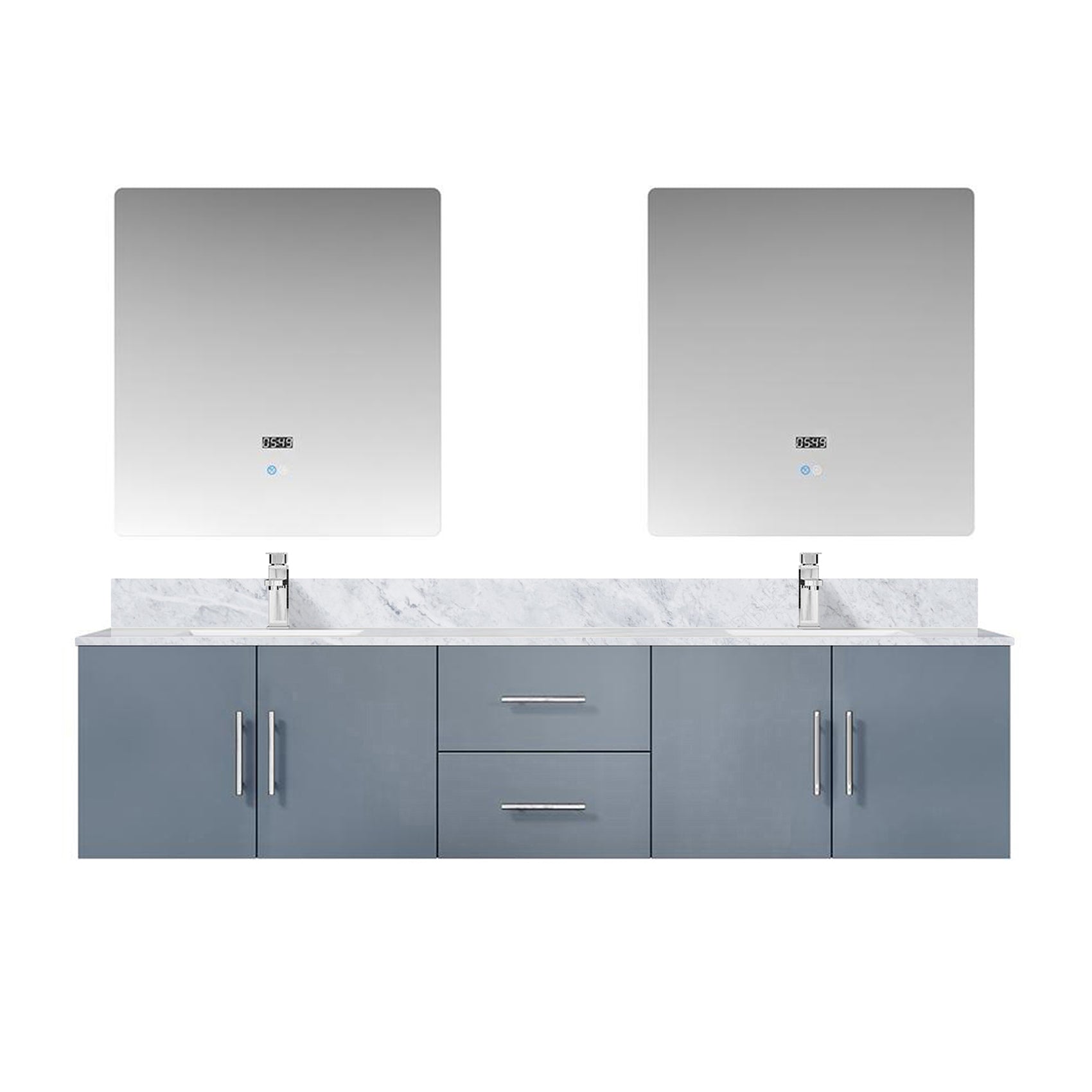 Dark Grey Double Bath Vanity 80 in. W x 22 in. D, Carrara Marble Top, Faucet Set, and 30 in. LED Mirrors
