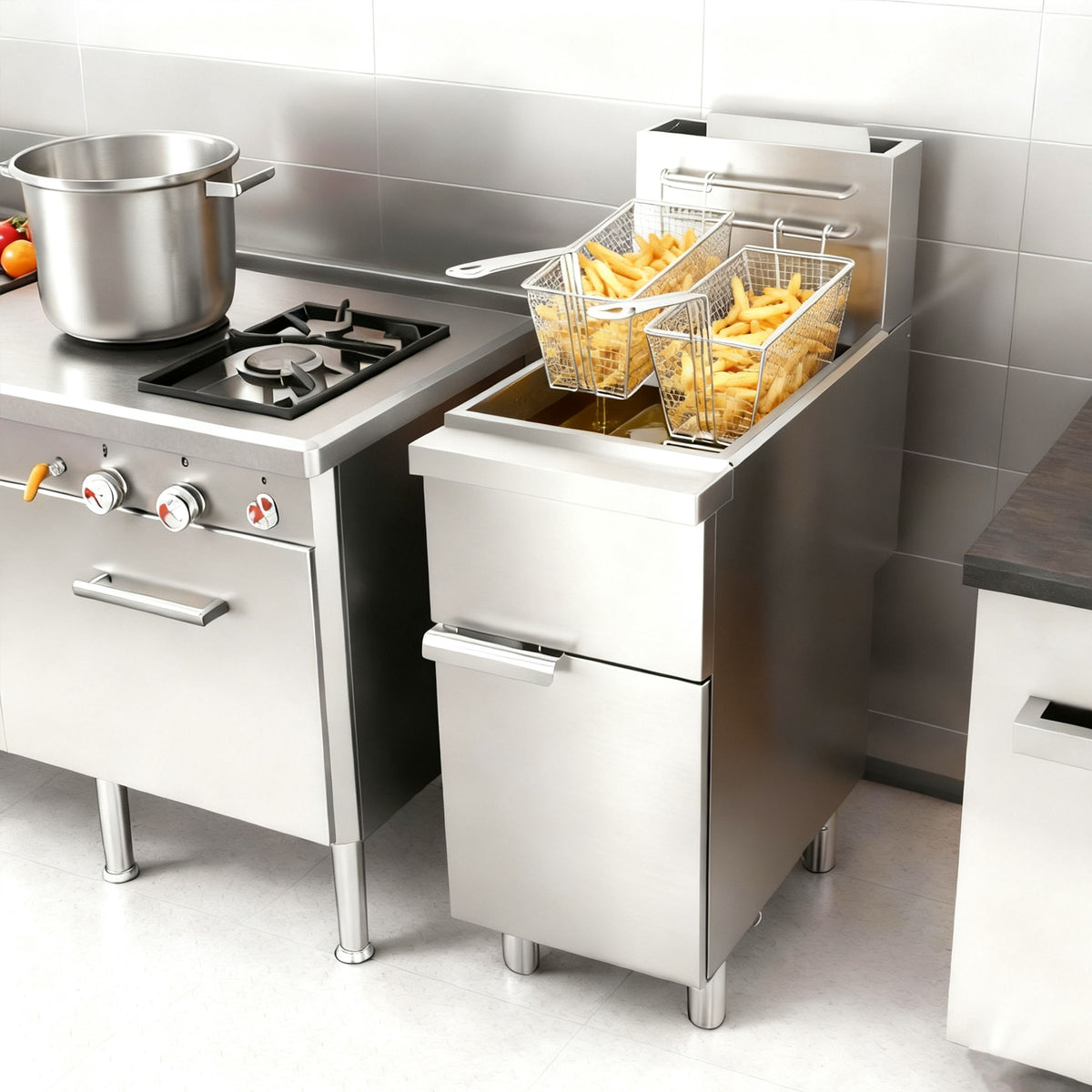 Commercial Gas Deep Fryer, Stainless Steel Free Standing Floor Frye with Baskets 4 Tube 120000 BTU 50LB for Restaurants