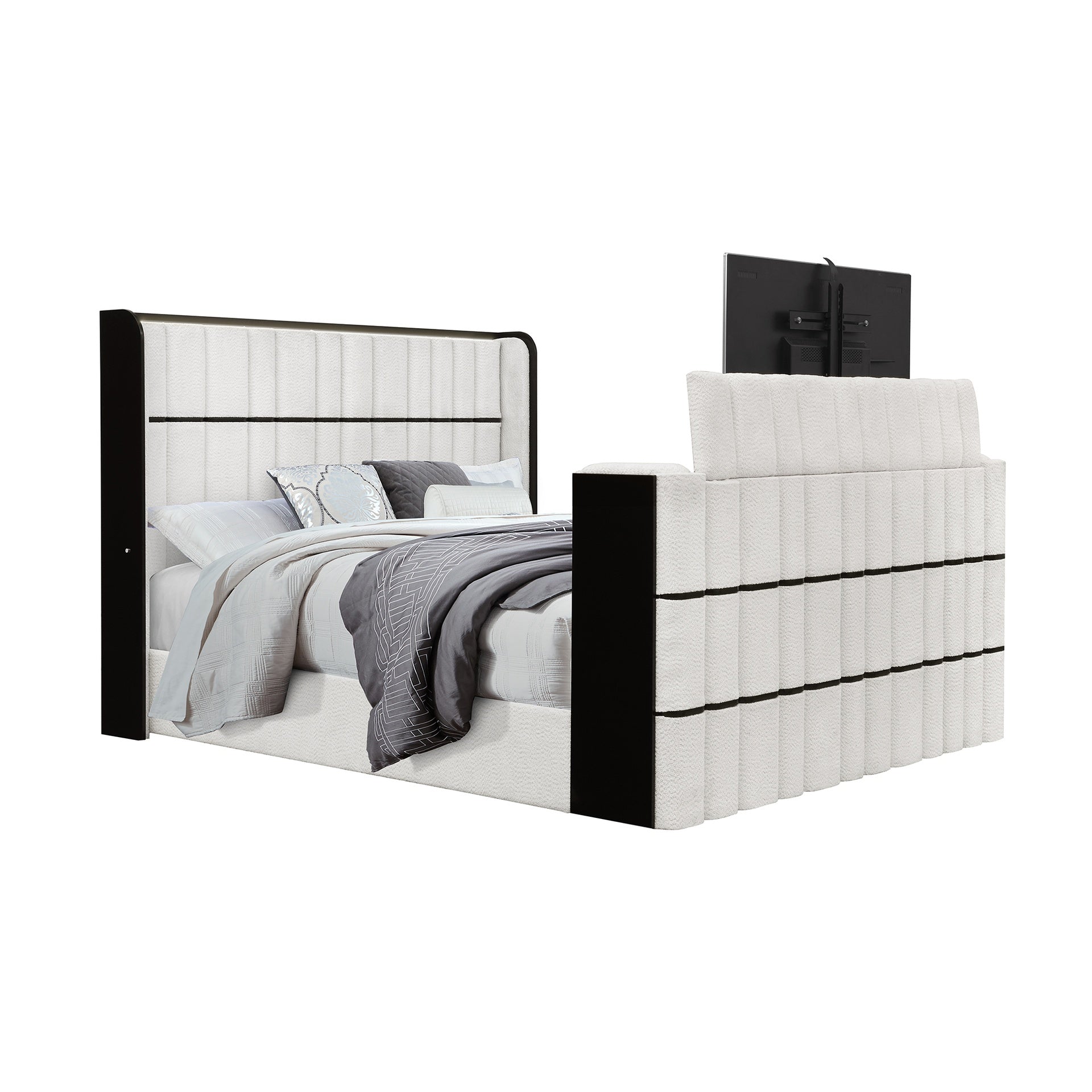 Isaiah White and Black King Bed with 50" TV Lift-LED, Speakers and Fireplace