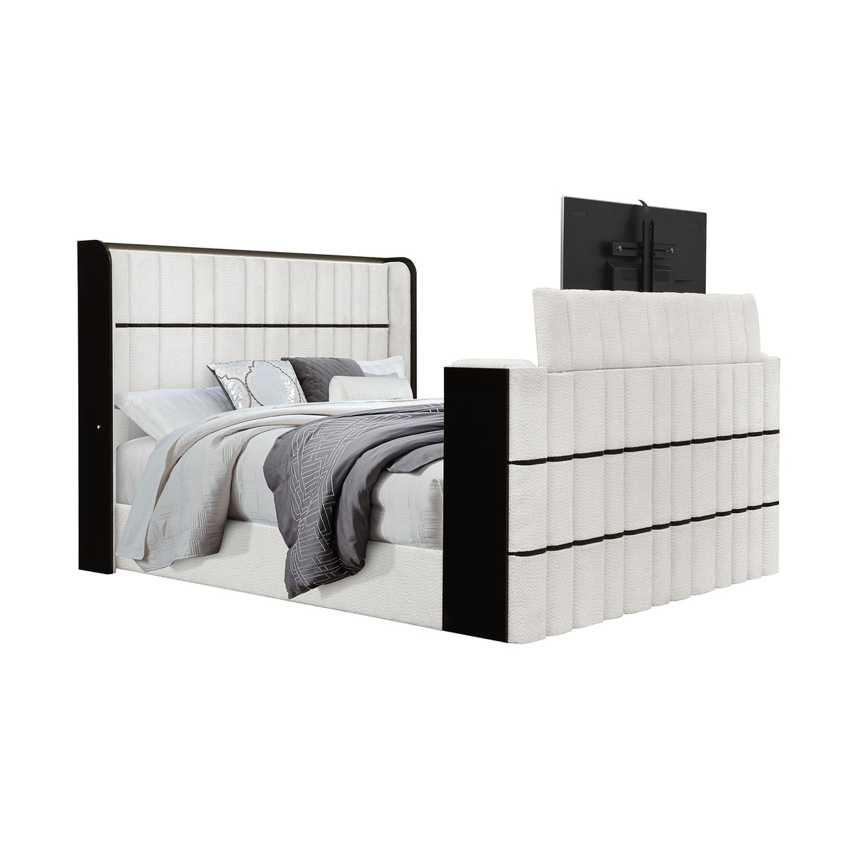 Isaiah White and Black King Bed with 50" TV Lift-LED, Speakers and Fireplace