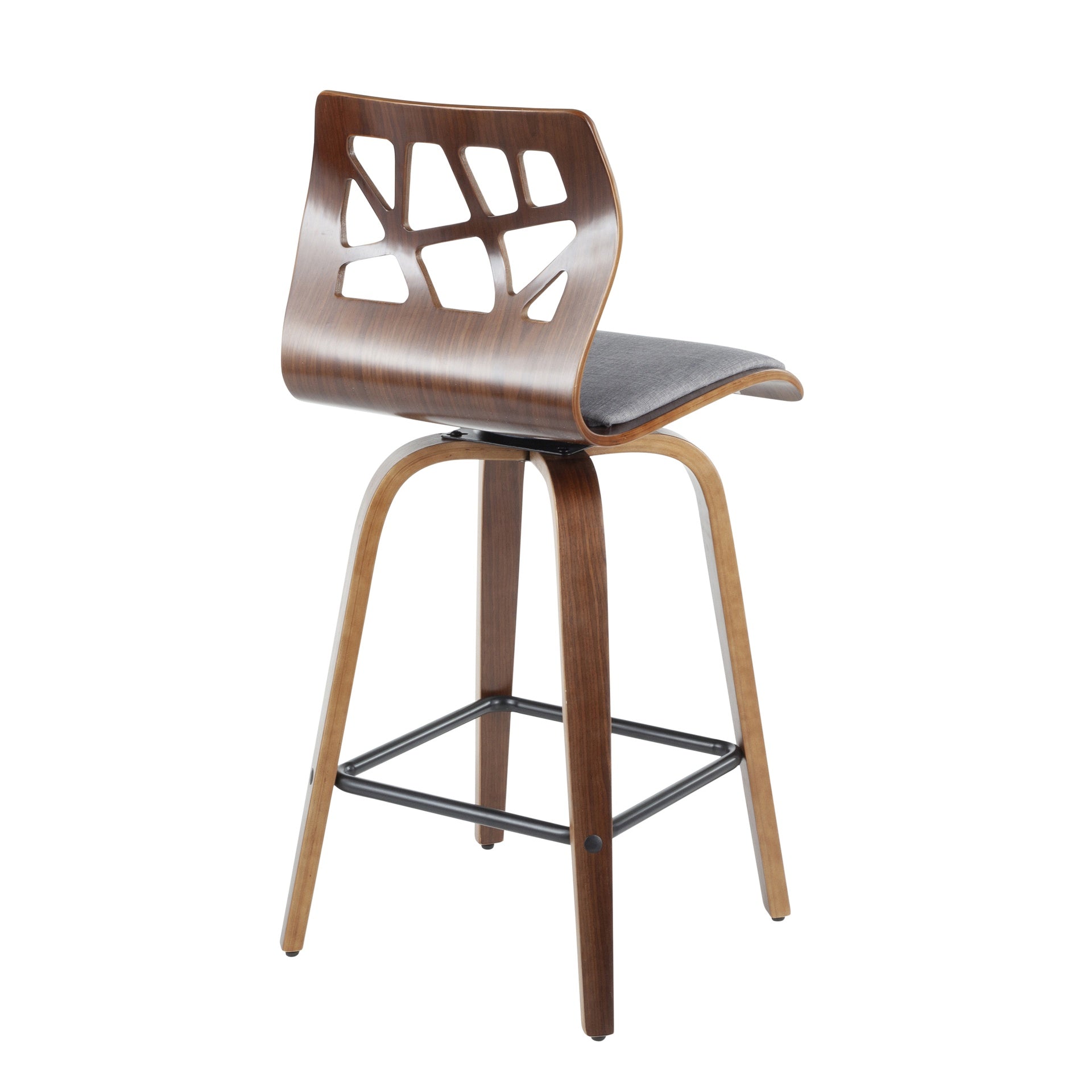 Folia 26" Mid-Century Modern Fixed Height Counter Stool with Swivel in Walnut Wood, Light Grey Fabric and Black Metal Footrest by LumiSource - Set of 2