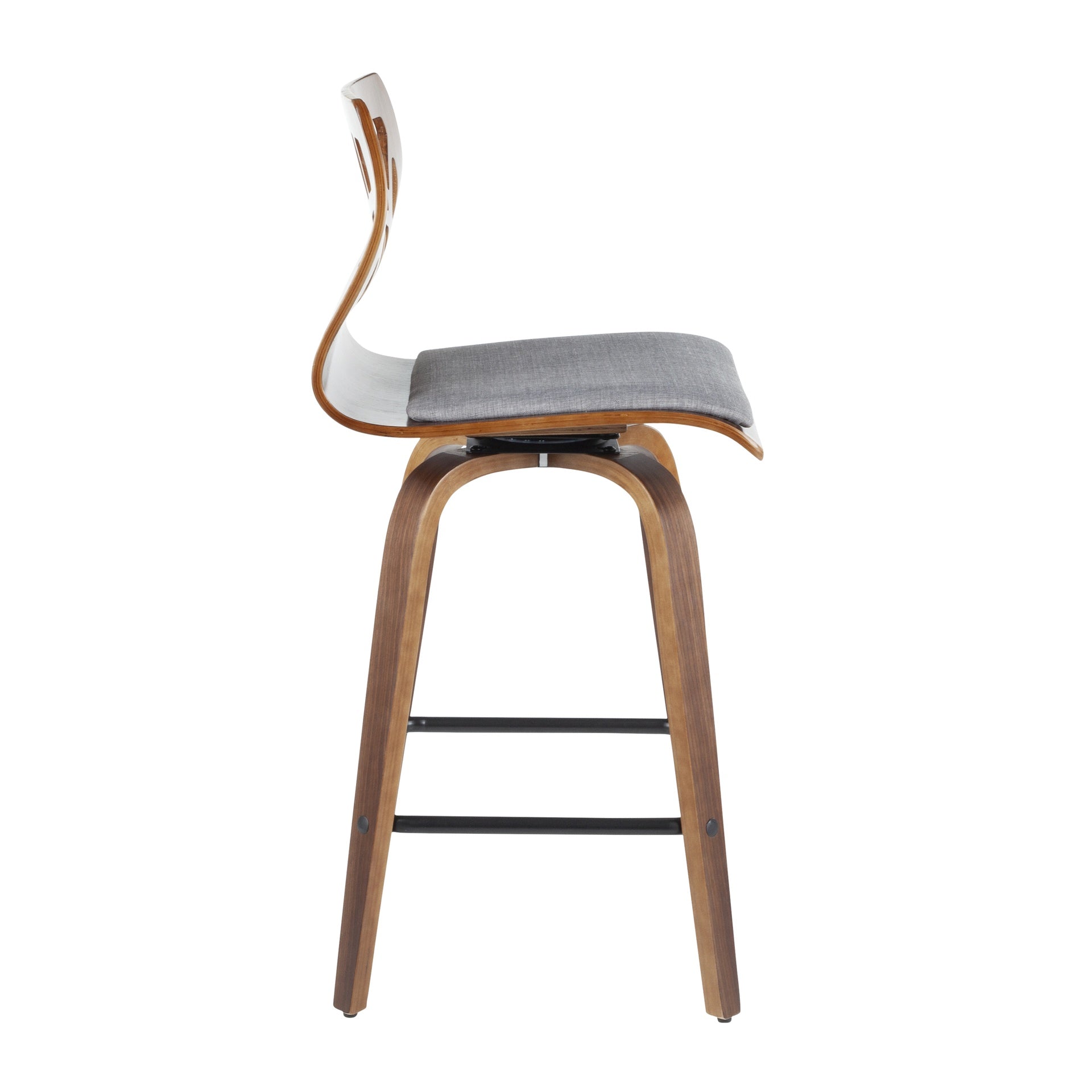 Folia 26" Mid-Century Modern Fixed Height Counter Stool with Swivel in Walnut Wood, Light Grey Fabric and Black Metal Footrest by LumiSource - Set of 2